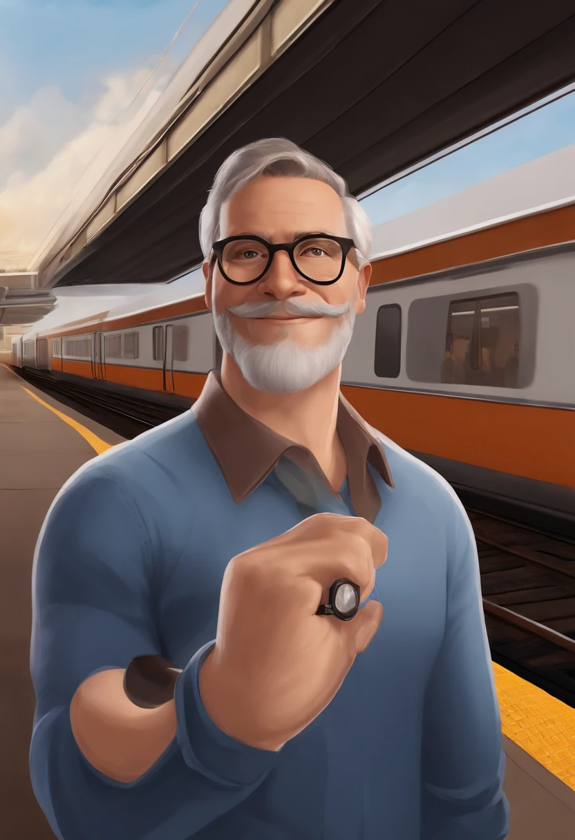 Personagem de desenho animado de um homem de 40 anos, engenheiro, wearing silver-rimmed glasses and a blue shirt, um personagem animado, Caractere estilizado, Pose de personagem, Estilo Pixar, In the background there is a maintenance yard for subway trains