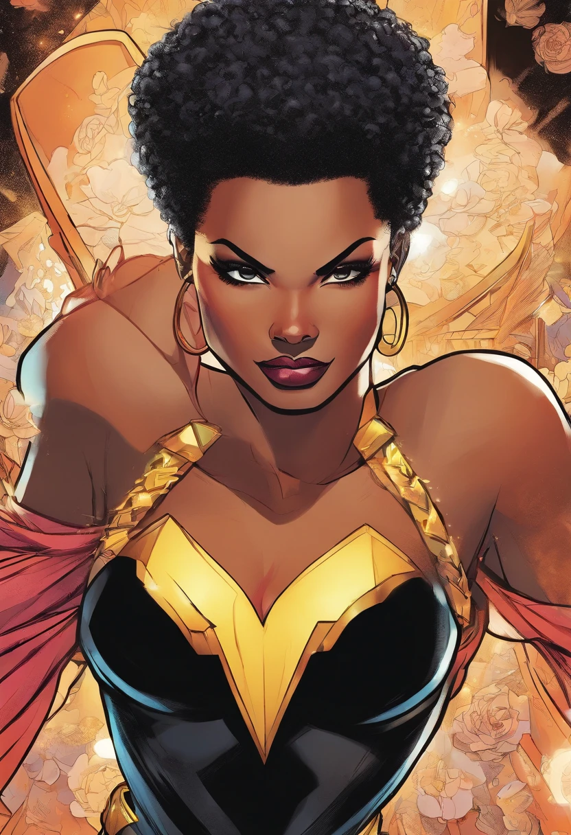 DC superhero brunette woman afro hair black eyes full lips mole under the eye and on the forehead delicate face slightly arched black eyebrows
