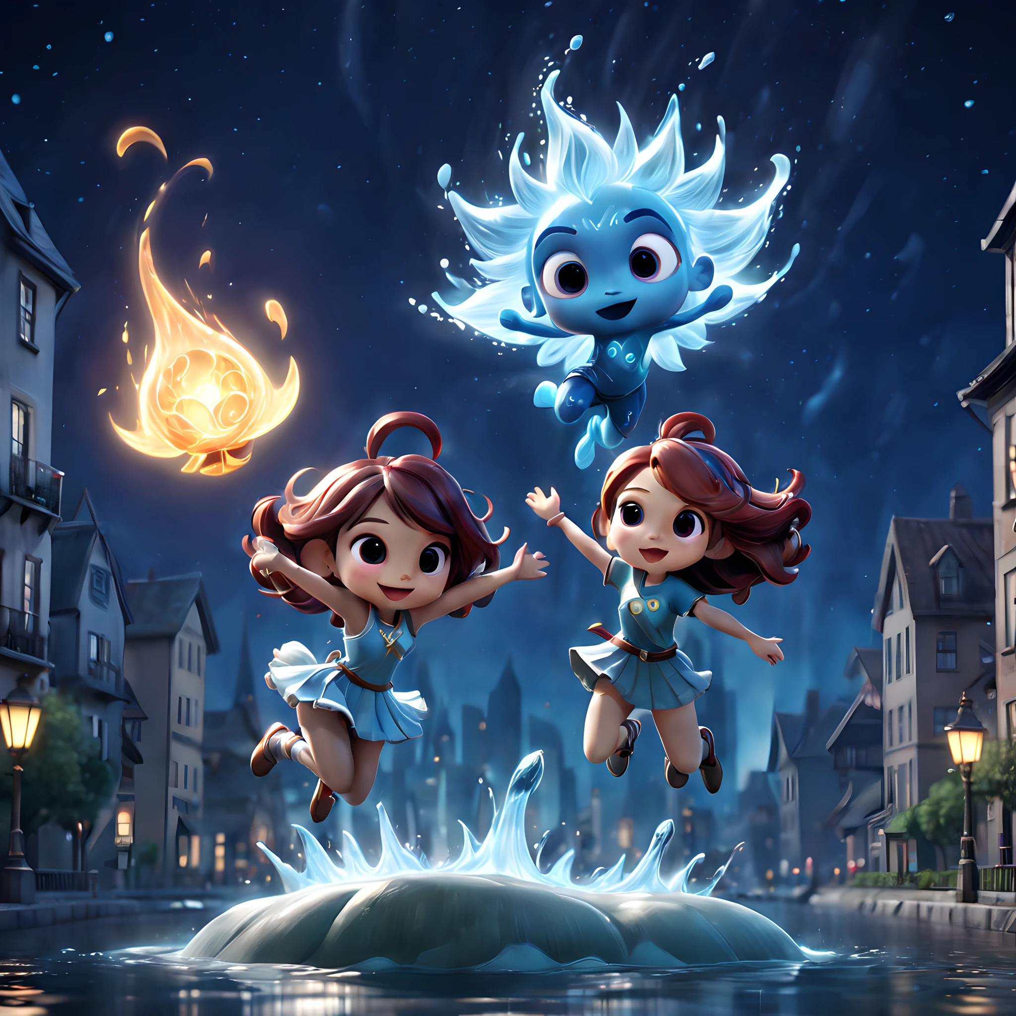 (Pixar style:1.5), (Pixar character:1.5), (chibi emote:1.5), (chibi character:1.5), (fantasy:1.5), (magical world:1.5), (spiritual world:1.5), (elemental character:1.5), (elemental future city:1.5), (night:1.5), (starry sky:1.15), (spread arms:1.3), (jumping:1.3), (water element man and solar element girl:1.3), (pixar animation:1.5),