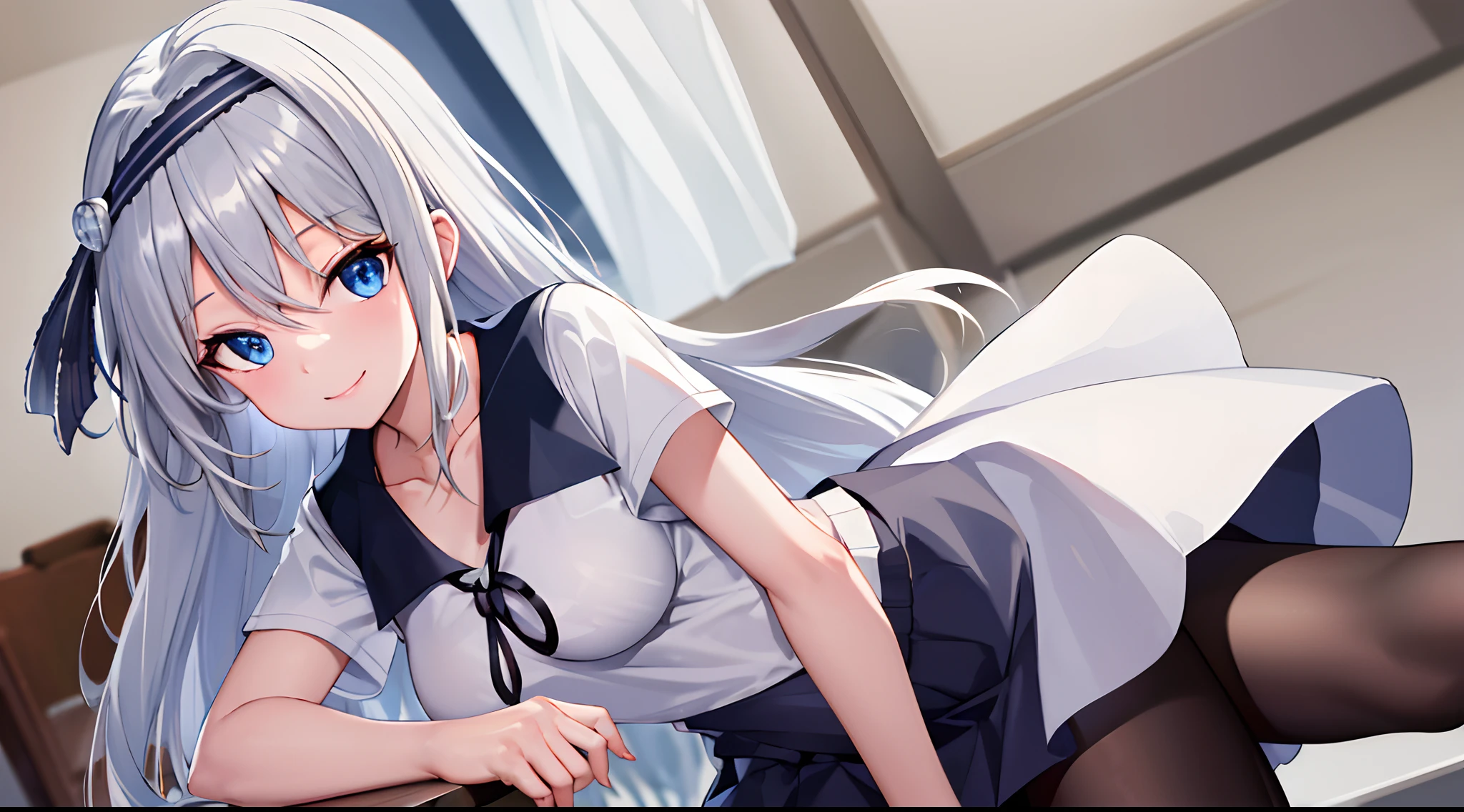 masterpiece,best quality, highres, kei1, 1girl, solo, blue eyes, long hair, white dress, short sleeves, ribbon, bangs, collarbone, grey hair, white skirt, black hairband, black pantyhose, neck ribbon, hair between eyes, medium breasts, sailor collar, cowboy shot, classroom, smile,
