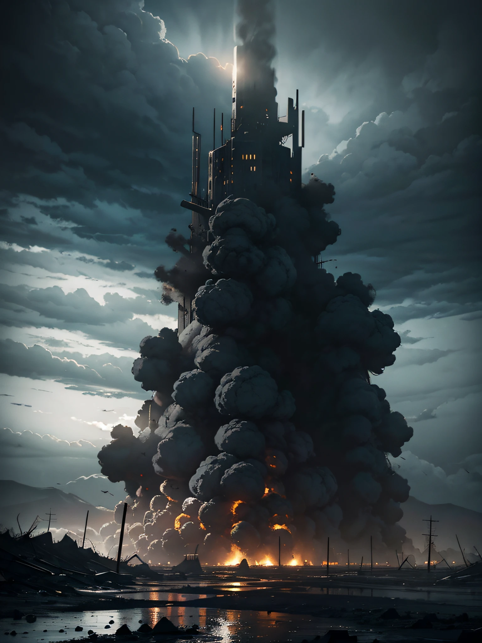 dark landscape, fearful landscape, abomination of desolation, black and gray wastelands flooded with nuclear ash, overcast sky, dark lighting
