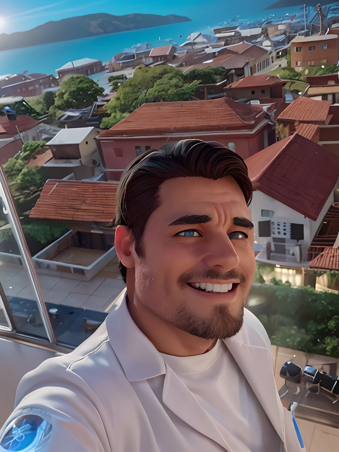 Homem, Radiology Technician, em uma sala com tomografia, olhos castanhos, de jaleco.