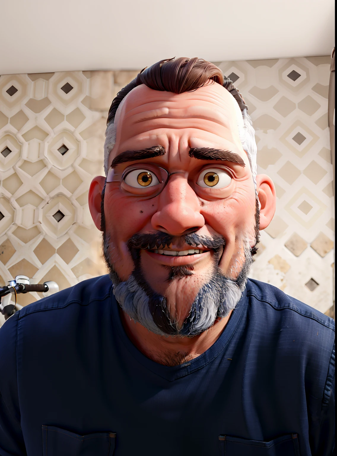 master part, best quality, um velho com barba branca e longos cabelos castanhos, vestindo uma jaqueta de couro e jeans preto, ao lado de sua motocicleta
