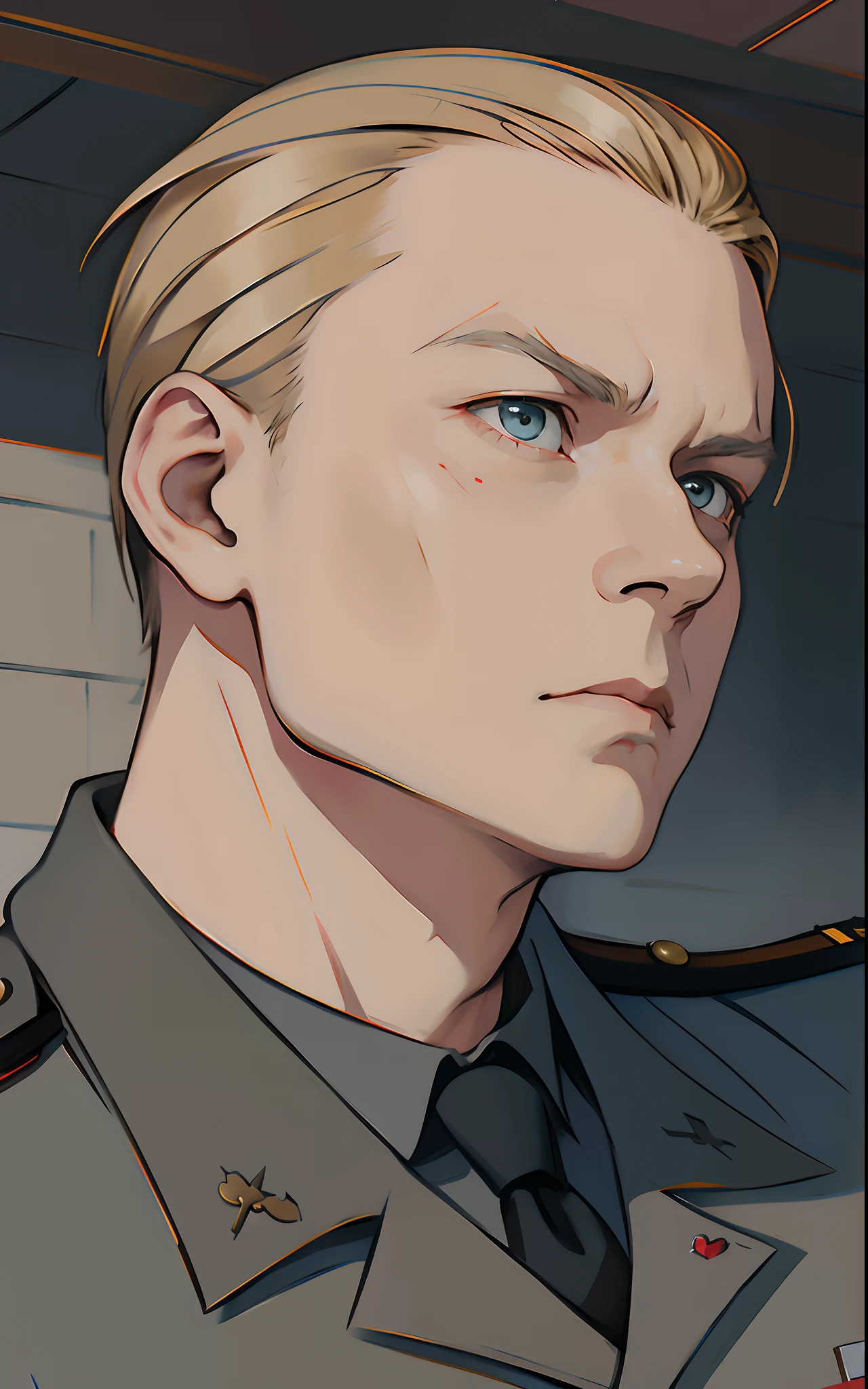 Cyan eyes,There's a man in uniform looking at something, inspired by Armin Hansen, based on Alexander Kanoldt, Portrait "Hearts of Iron", krenzcushart, leonid, His portrait in the manga, High Quality Portrait, inspired by Adolf Dietrich, character art closeup, Otto Schmidt, Close-up portrait of a character, cushart krenz, casimir art