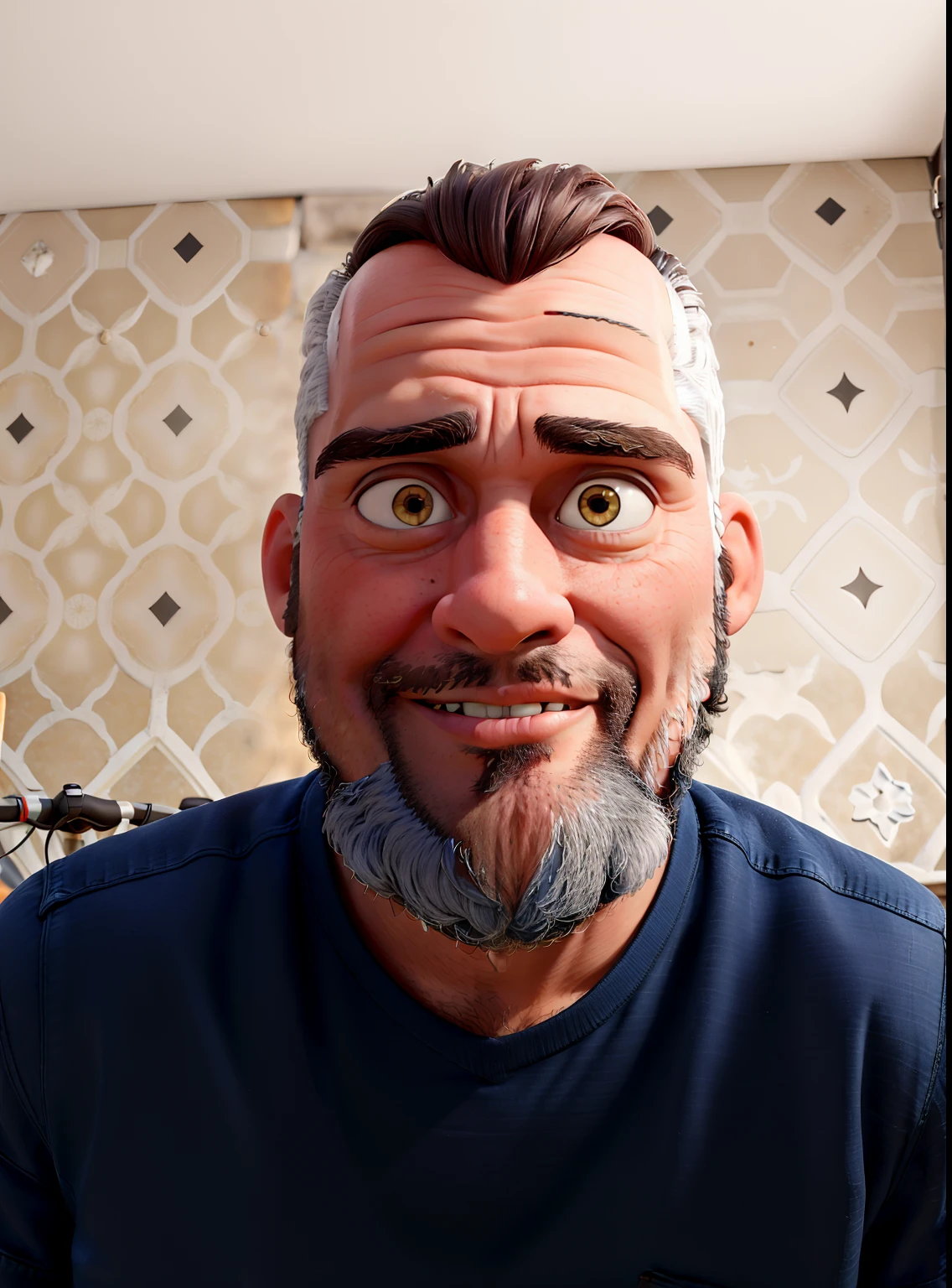 master part, best quality, um velho com barba branca e longos cabelos castanhos, vestindo uma jaqueta de couro e jeans preto, ao lado de sua motocicleta