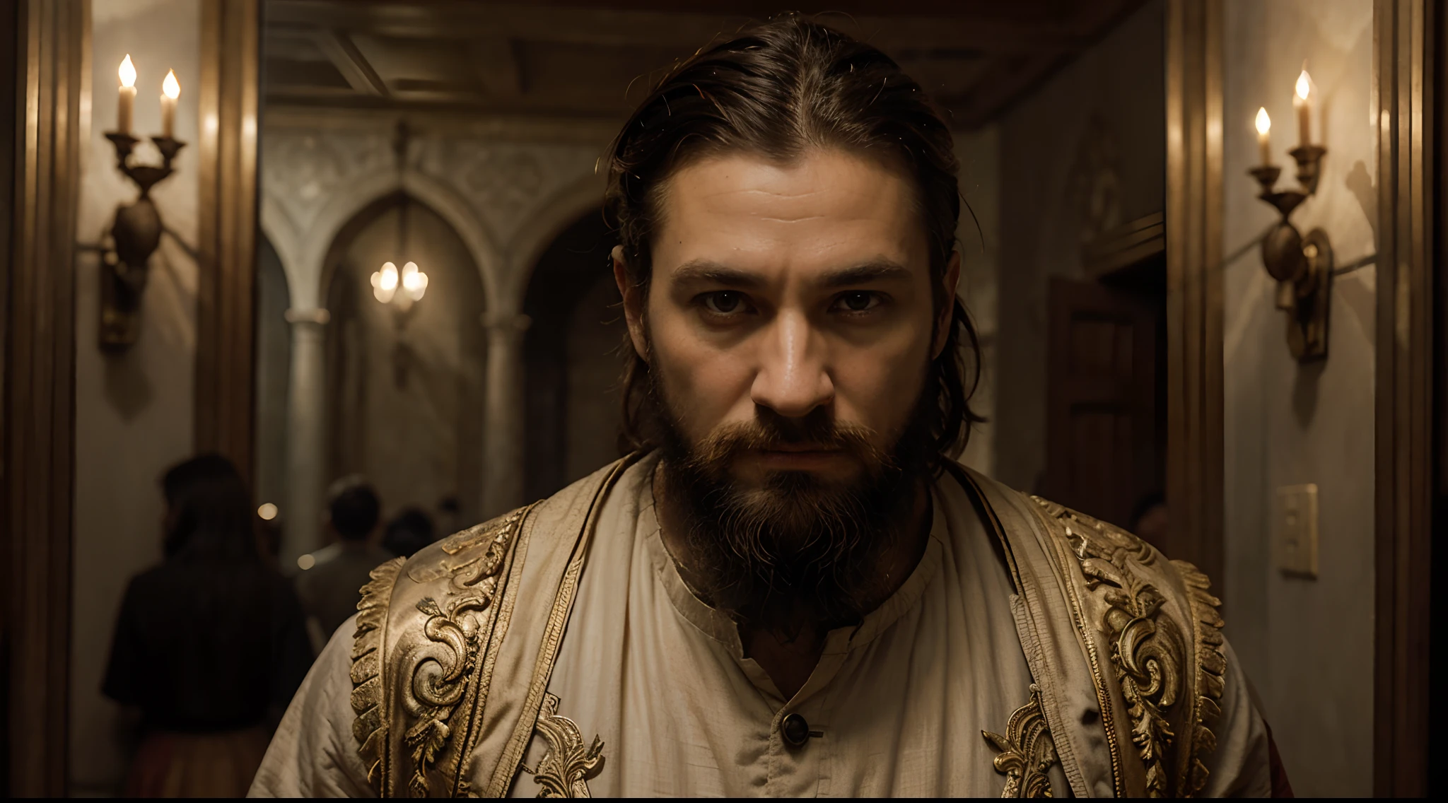 (biblical character,40 years old,ancient time scenario) exquisite details of the character's face and beard,strong and wise expression,vintage clothing,mysterious atmosphere,illustration,ultra-detailed,historical accuracy,portrait,fine brushwork,vivid colors,dramatic lighting,ancient architectural elements,unusual perspective,historical accuracy,ornate decorations,time-worn textures,best quality,4k,masterpiece:1.2