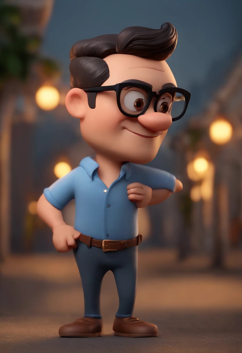 Cartoon character of a man wearing black glasses and a blue shirt, um personagem animado, Caractere estilizado, animation style rendering, 3D estilizado, Arnold Maya render, 3 d render stylized, toon render keyshot, Personagem 3D, Personagem 3D, 3d rendering stylized, 3 d character render, personagem de desenho animado, Personagem de close up, Pose de personagem, (Estilo Pixar) (master part:1.2) (Bokeh) (best quality) (pele detalhada) (textura detalhada) (8k) (argila) (Cinematic lighting) (foco nítido，Senta e vaza a parte superior do corpo, pele morena