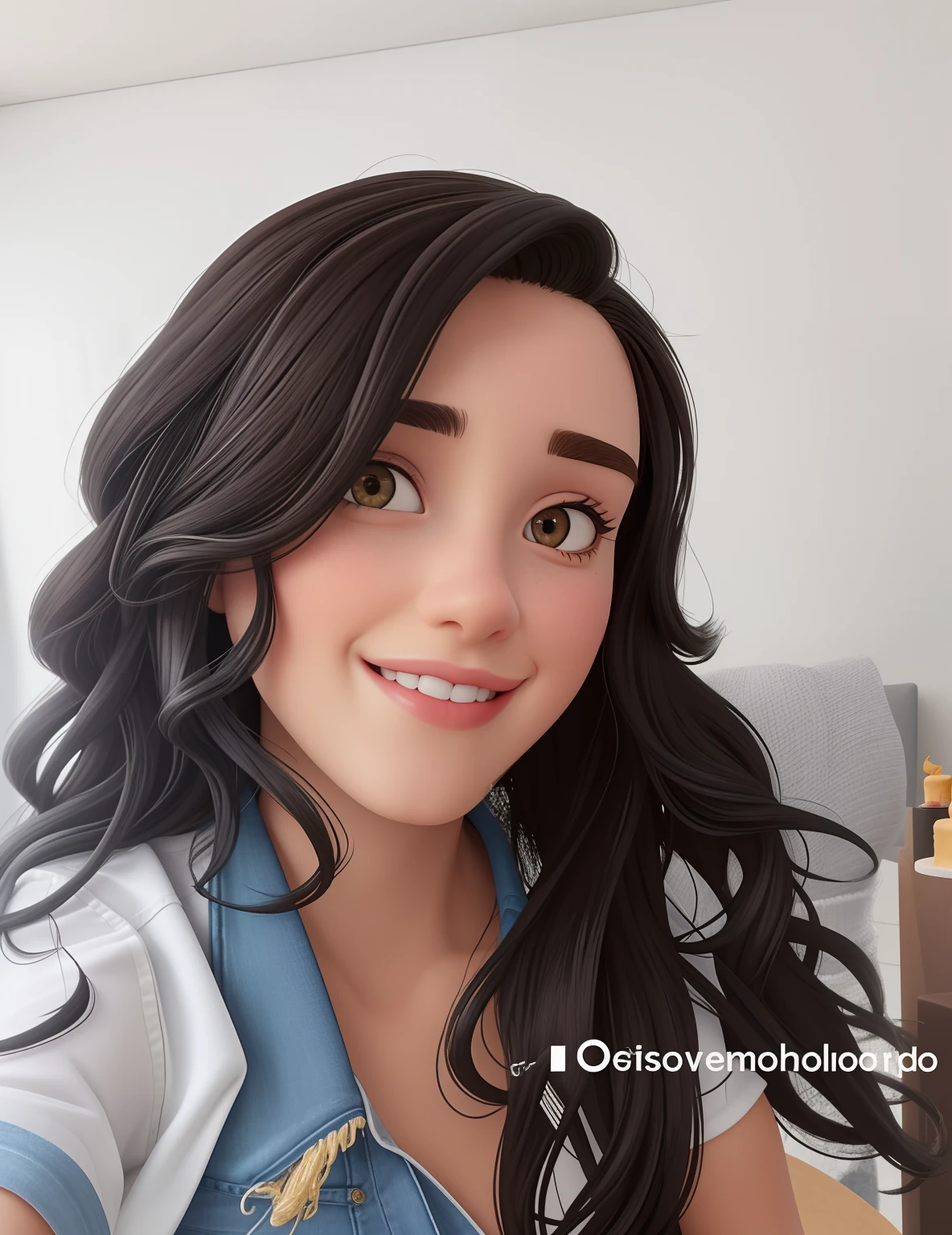 Uma mulher de 18 anos, com longos cabelos castanhos escuros , Rosto redondo, sorriso encantador, e olhos castanhos, cozinha m, studio lighting cake. She's wearing clear clothes, blouse and black jeans
