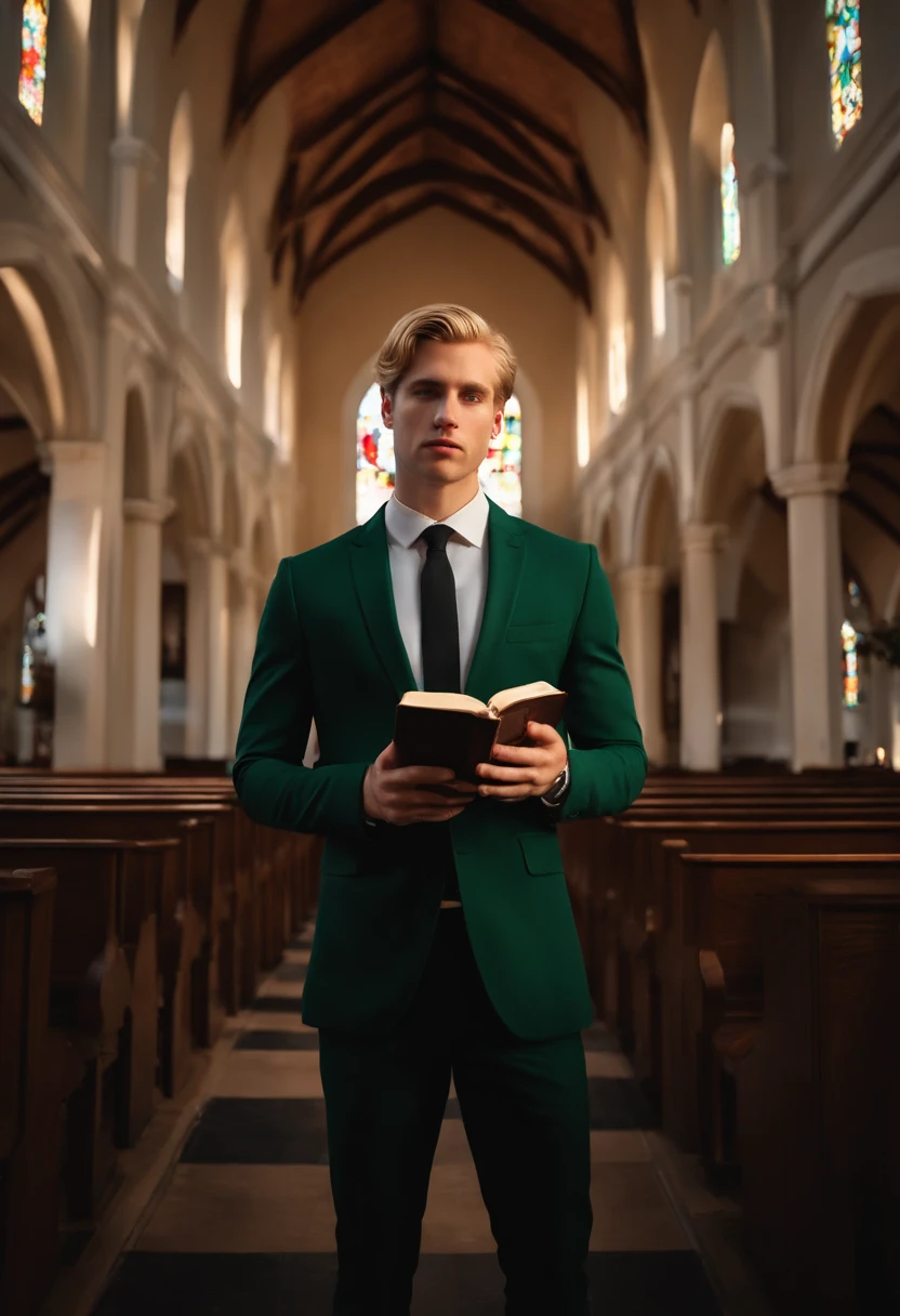 In the Pixar 3D style, a 25-year-old white man with blond hair and green eyes in a black suit holding a Bible stands in front of the Christian Congregation in Brazil church on the façade of the church is written Christian Congregation in Brazil