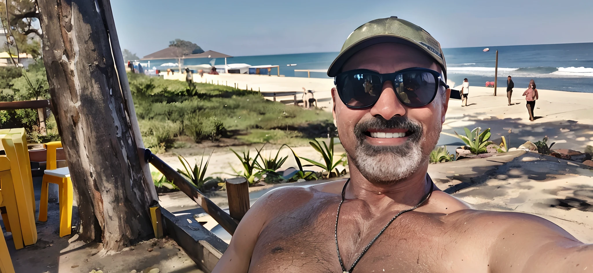 Nikon RAW fotos, 8k, Fujifilm XT3, obra-prima, qualidade superior, realista, fotorrealismo, ultra detalhe, 1 homem, solo, retrato em close-up, pele molhada, abra as pernas, chupe os dedos, olhe para o espectador, Com a praia ao fundo, Saika 1,