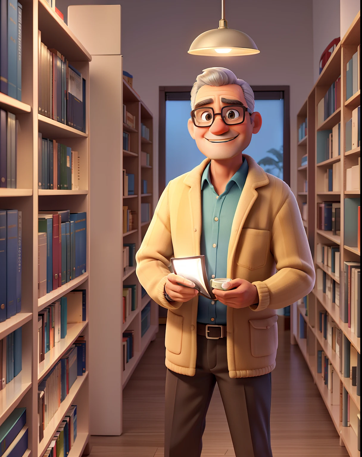Um homem de 45 anos, cabelo curto , Spectacles wise standing in front, illuminated by the light of a lamp, contra o pano de fundo de uma biblioteca