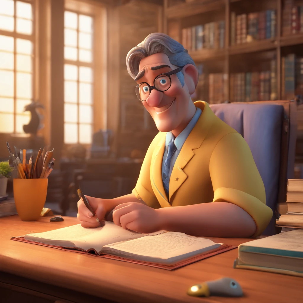 Crie um cartaz inspirado na Disney Pixar com o personagem sendo o pastor Rubens Janier, Uma mulher de cabelos pretos, in an office with a Bible on the table