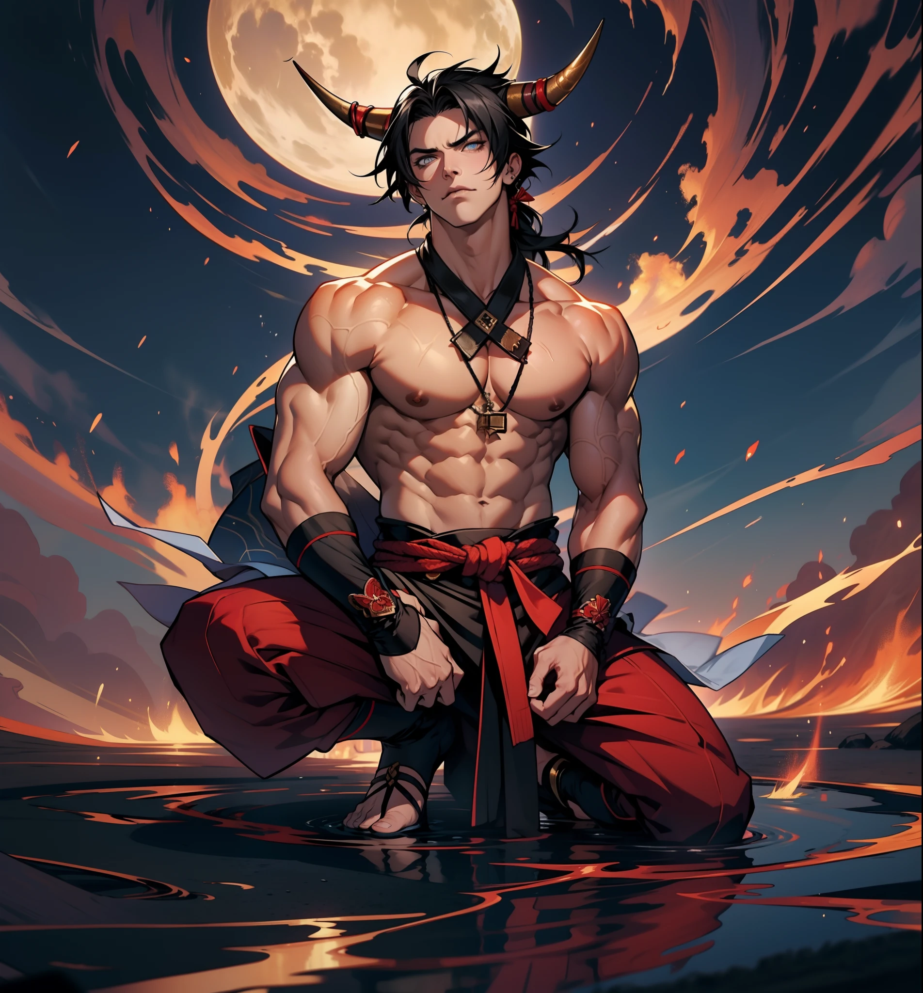 demonio, demon horn, pele branca,Best quality at best,Dadalya(Impacto Genshin , kimono,Bowed muscles;,Bulging of the pectoral muscles,luvas brancas,Abs,Foco masculino,1st grade,Olhos vermelhos,luva branca,sozinho,Black hair,olhos azuis e vermelhos,cabelo amarrado estilo samurai,cabelo entre os olhos,((Virilha Saliente)),sexy,(master part, best quality),(white kimono suit),auto-seguro,Divirta-se,expression serious, coroa