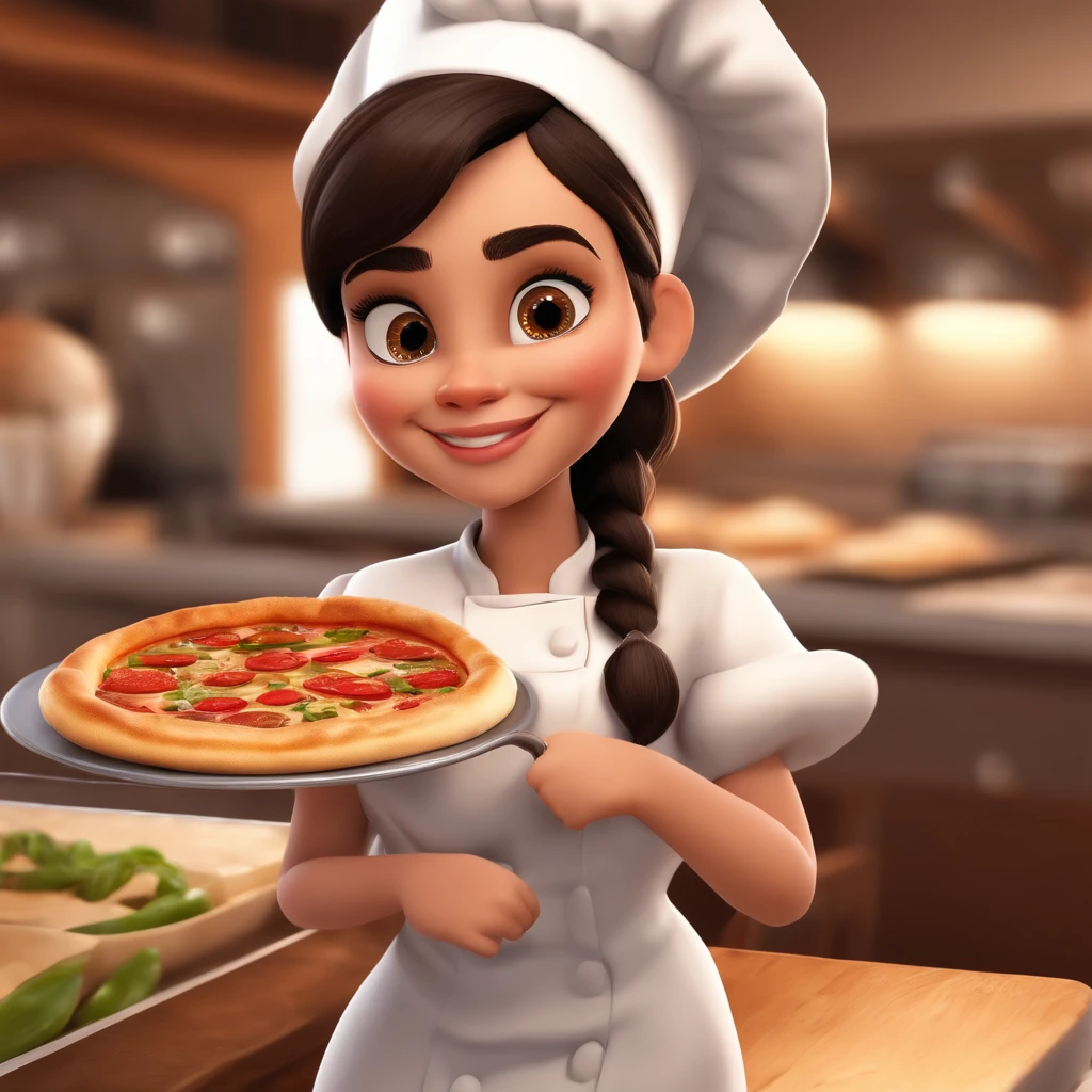 qualidade de imagem do filme,Disney Animation Style,A young girl dressed as a cook with a pizza in her hand,cabelo longos e detalhado,Em uma cozinha de Restaurante,Looking straight at the camera and smiling, profundidade de campos,Luz alta,luz real,Traching de raias,oc renderizado,hyper-realistic,melhor qualidade,8k,Obras de mestres,super-fino,pelos pubianos detalhados,anatomia correta,sharp focus on eyes,Bokeh,Facial features are carefully described