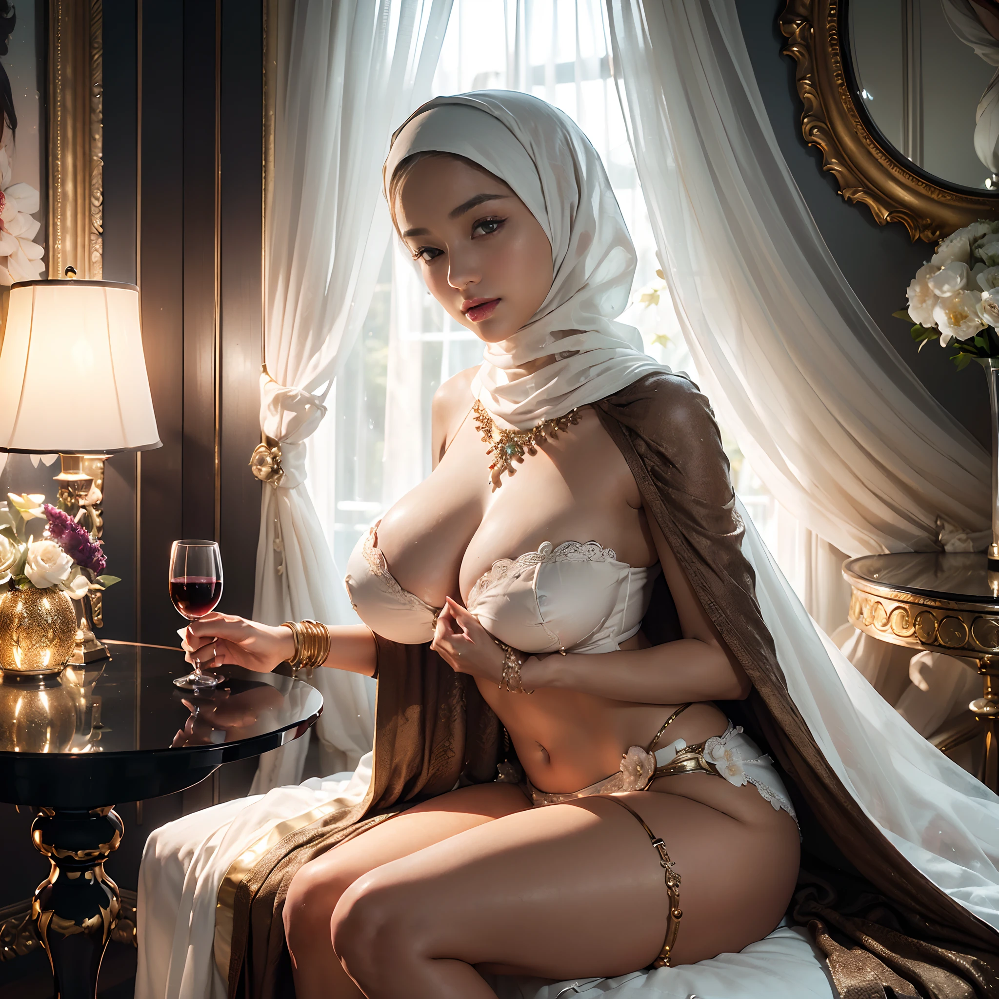 (beautifull lady with gigantic breast, wear detail luxury hijab and mini dress, elegant sit on luxury chair, (hand holding bouquette), (luxury blanket), (window with luxury frame), (luxury flower vase), (luxury small table and glass of wine), (luxury lamp), (luxury parfume bottle), (luxury ornament on the wall), (detail white strapless bra), (detail luxury kimono), (detail luxury garter belt), (detail luxury stocking), (detail luxury high heels), (luxury crown), (show cleaveage), (show underboobs) , (show sideboobs), (show thigh), (detail underboobs ornament), (detail luxury chest ornament), (detail luxury arm ornament), (detail hips ornament), (gigantic breast:1,9), beautifull face, beautifull eyes, beautifull nose, sexy lips, raytracing, nsfw, beautifull fingers, beautifull hands, sexy belly, sexy body, sexy shoulders, sexy legs, sexy hips, (luxury bracelet), (luxury ring), (luxury necklace), white skin, (perfect hand), (perfect fingers), closed up shoot, pretty makeup, good lighting, realistic shadow, professional photography, white and gold color scheme, 4k resolution, perfect anatomy