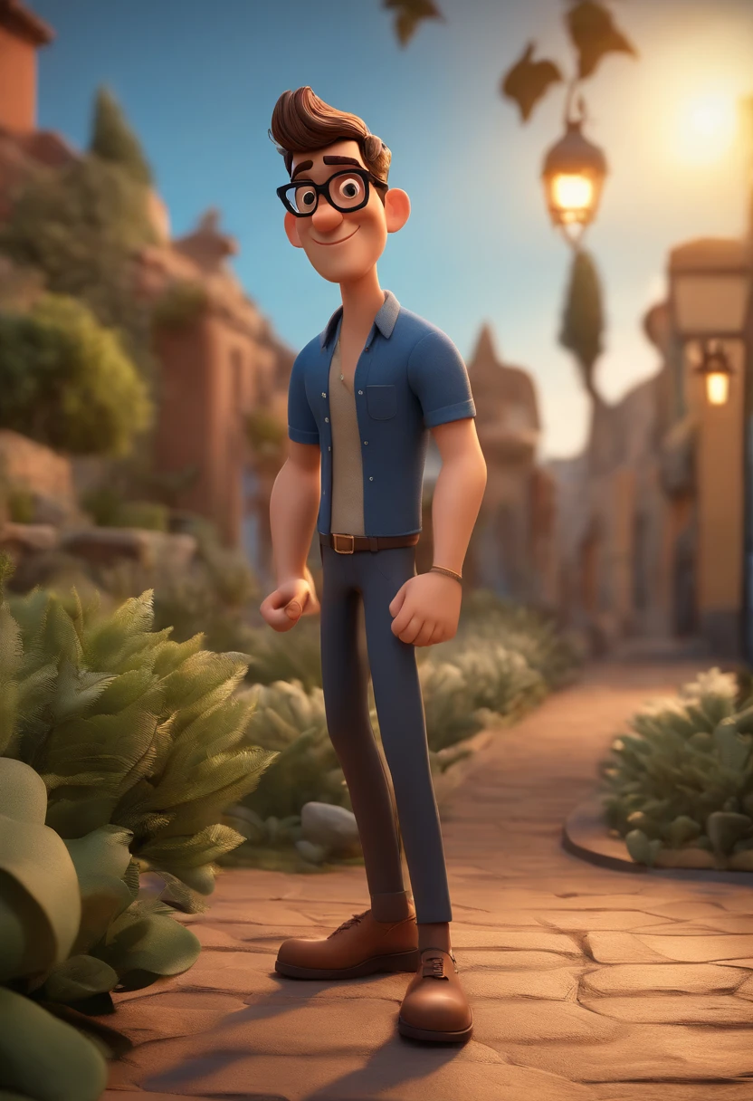 Cartoon character of a man with black glasses, cabelo cacheado marrom escuro e uma camisa azul, animation character, Caractere estilizado, animation style rendering, 3D estilizado, Arnold Maya render, 3 d render stylized, toon render keyshot, Personagem 3D, Personagem 3D, 3d rendering stylized, 3 d character render, personagem de desenho animado, Personagem de close up, Pose de personagem, (Estilo Pixar) (master part:1.2) (Bokeh) (best quality) (pele detalhada) (textura detalhada) (8k) (argila) (Cinematic lighting) (foco nítido