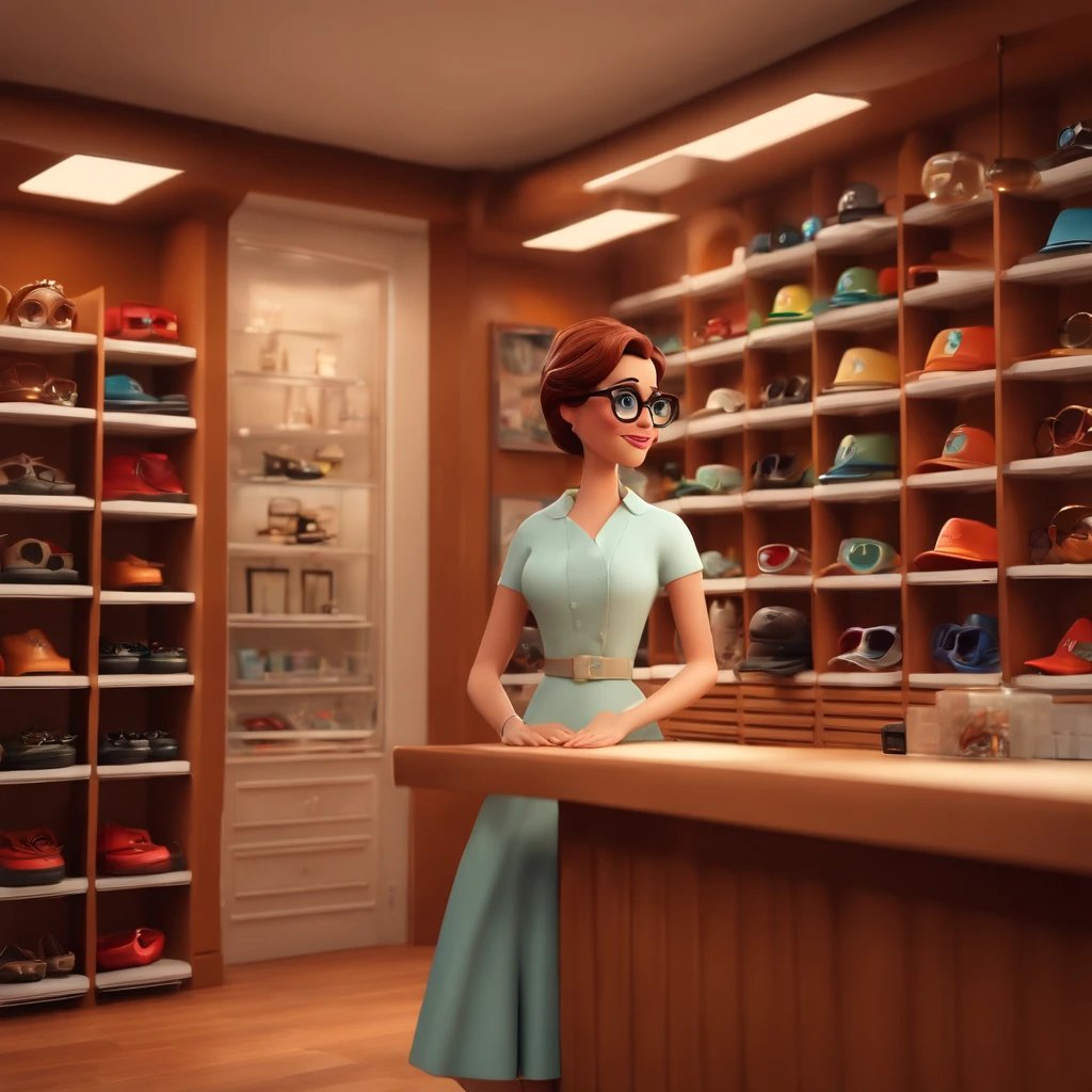 arte no estilo de senho animado 3D, Disney Pixar style eyewear store background, Glasses on all sides, Eyeglass shelf in the back, Woman in glasses and white dress shirt, desenho igual Disney Pixar, 3D rendering design