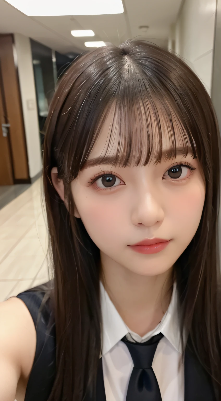 ((top-quality、8K、​masterpiece:1.5))、One girl、(Unhealthy face)、(Letter to)、Blunt bangs、(Lots of bangs:1.4)、(full body Esbian:1.4)、(Symmetrical face)、hyperdetailed face、Ultra detailed mouth、A detailed eye、Detailed ears、Slim Faces、(selfee:1.4)、(off shoulders)、(Armpit)、(Looking Up)、(From  above)、(Straight long hair、Ahoge:1.3)、(Upper Eyes)、the background is blurred、(formal suit、neck tie:1.3)、lipgloss、(hotel entrance)、(natural soft light:1.3)、