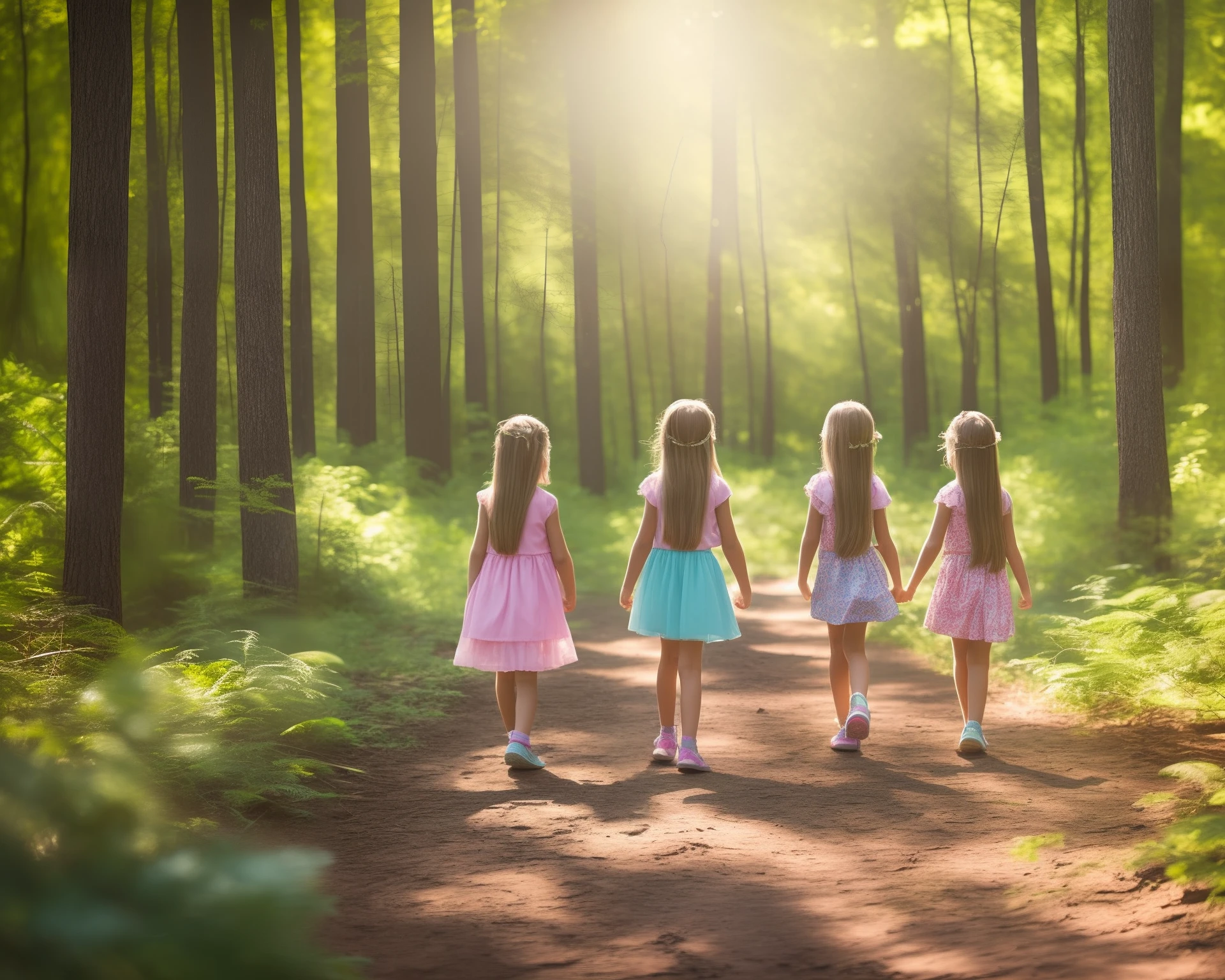 Create a picture of four girls going on an adventure in the forest. One is , one is 5 years old, a of twins are 9 years old. The backgrhe forest and there is sunlight. You can see their expressions. --auto --s2