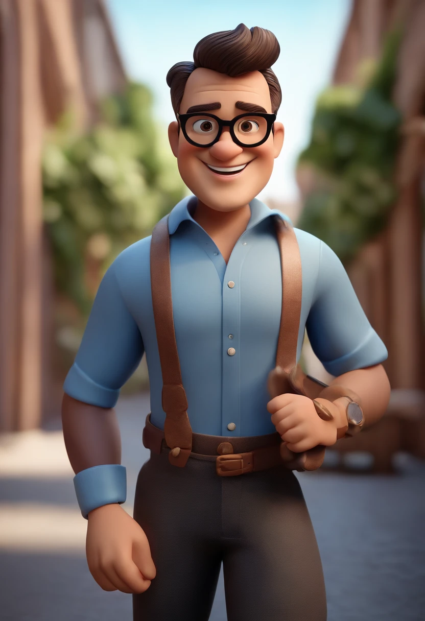 Cartoon character of a man wearing black glasses and a blue shirt, um personagem animado, Caractere estilizado, animation style rendering, 3D estilizado, Arnold Maya render, 3 d render stylized, toon render keyshot, Personagem 3D, Personagem 3D, 3d rendering stylized, 3 d character render, personagem de desenho animado, Personagem de close up, Pose de personagem, (Estilo Pixar) (master part:1.2) (Bokeh) (best quality) (pele detalhada) (textura detalhada) (8k) (argila) (Cinematic lighting) (foco nítido