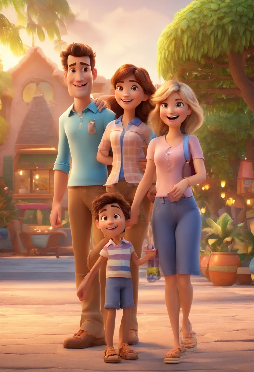 Cartoon of family having fun on vacation together,  3D Animation Movie Poster, Poster de filme animado, pixar 3 d animation style, pixar renderman rendering, maia 8 mil, animated film, Disney Pixar Estilo 3D, Happy family hang out together, all wearing light blue shirts and cream brown long pants, camisa azul clara, cream brown pants, ao ar livre, vacation, Disney Pixar Animation Poster