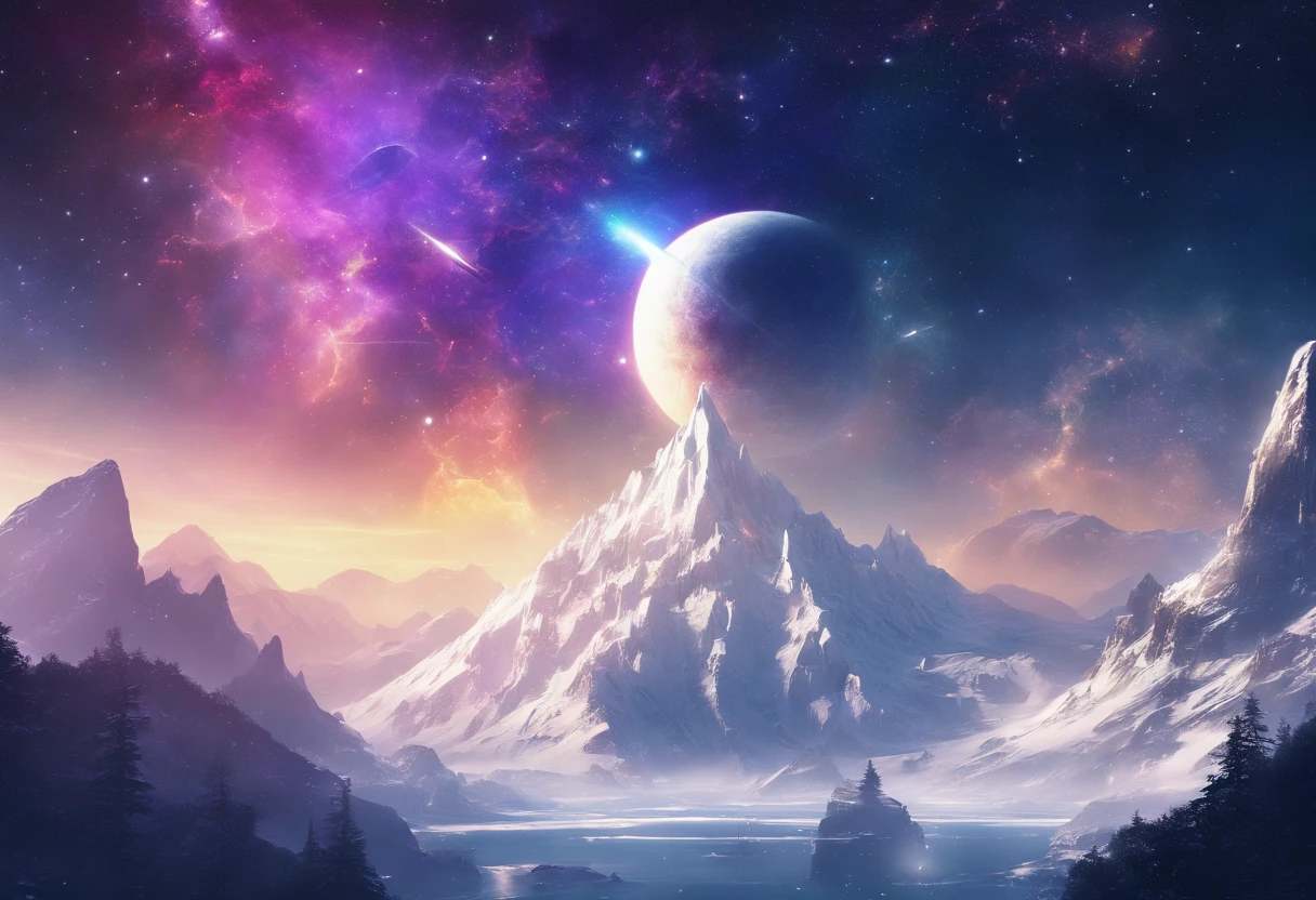 Vast Landscape Photo (view from bottom, which shows the sky overhead and the rocks), Fortress at the top, (Shooting stars: 0,9), (nebula: 1,3), High Lonely Mountain ,(Cold light source:1.2), Lonely Mountain, Snow-capped mountains, voluminous lighting, реализм BREAK (tmasterpiece:1.2), (beste-Qualit), 4k, Ultra-detailed, (Dynamic composition: 1.4), Detailed, colorful details, (White color scheme: 1.2), (Glowing Lighting, Ambiance Lighting), dreamy, elvish, (独奏: 1.2)