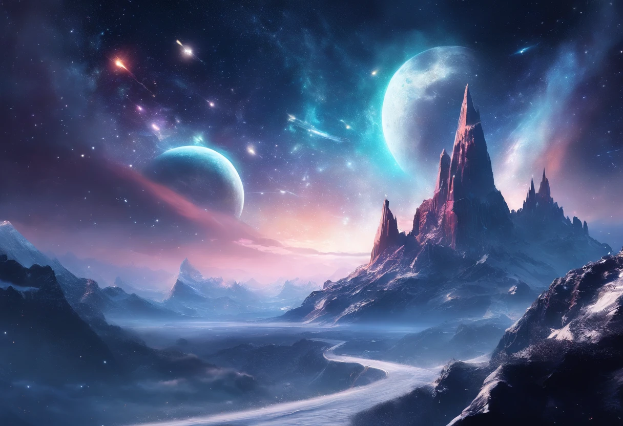Vast Landscape Photo (view from bottom, which shows the sky overhead and the rocks), Fortress at the top, (Shooting stars: 0,9), (nebula: 1,3), High Lonely Mountain ,(Cold light source:1.2), Lonely Mountain, Snow-capped mountains, voluminous lighting, реализм BREAK (tmasterpiece:1.2), (beste-Qualit), 4k, Ultra-detailed, (Dynamic composition: 1.4), Detailed, colorful details, (White color scheme: 1.2), (Glowing Lighting, Ambiance Lighting), dreamy, elvish, (独奏: 1.2)