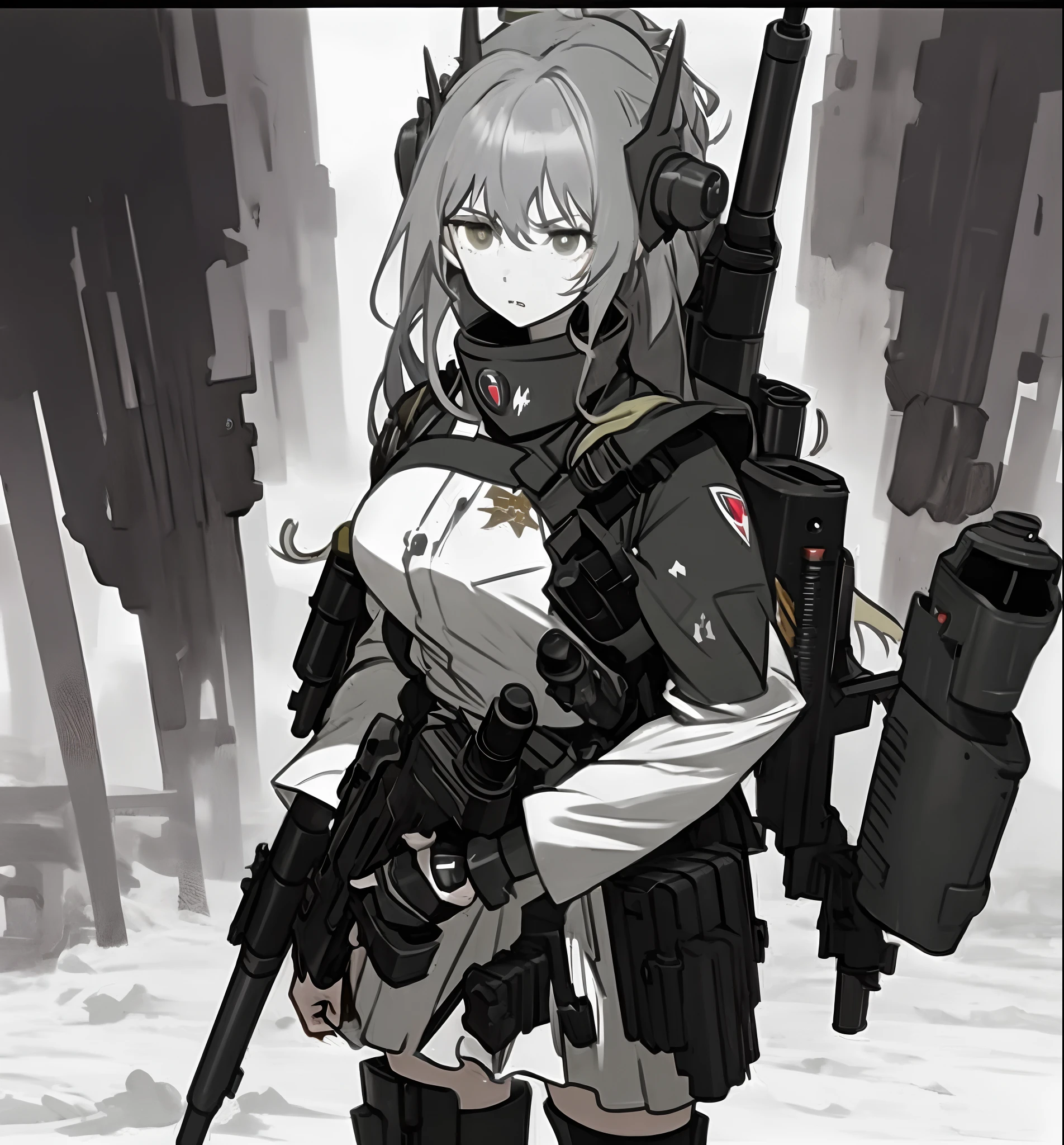 (Masterpiece), Best quality, Ultra-detailed, illustration,A girl with a big gun，Gray hair，Armed maidens，Plasma cannon，sci-fy，GameCG