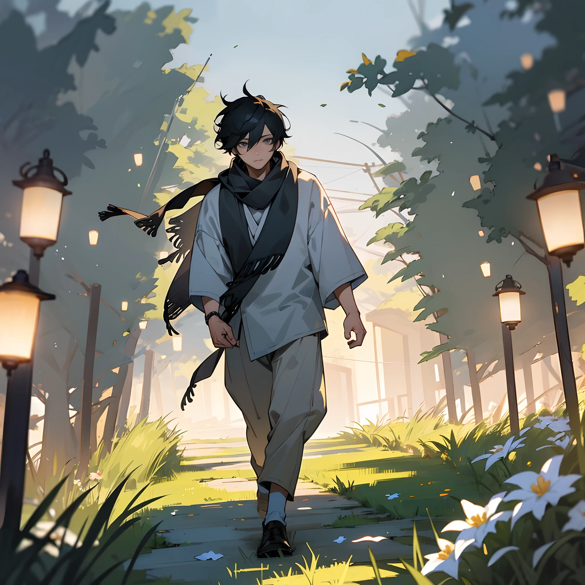 1male, , messy short black hair, finely detailed grey eyes, loose casual clothing, scarf, walking down path, grassy fields, flowers, lanterns, best lighting and shadows