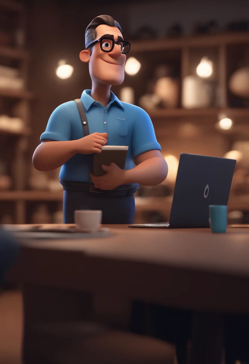 Cartoon character of a man with black glasses and a blue shirt, animation character, Caractere estilizado, animation style rendering, 3D estilizado, Arnold Maya render, 3 d render stylized, toon render keyshot, Personagem 3D, Personagem 3D, 3d rendering stylized, 3 d character render, personagem de desenho animado, Personagem de close up, Pose de personagem, (Estilo Pixar) (master part:1.2) (Bokeh) (best quality) (pele detalhada) (textura detalhada) (8k) (argila) (Cinematic lighting) (foco nítido