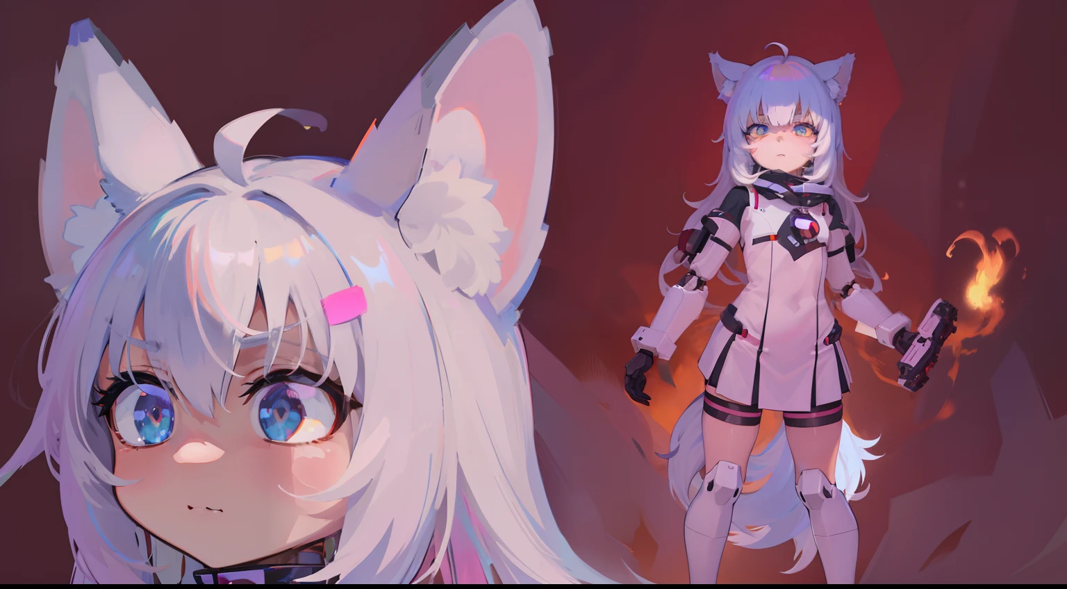 anime character with a cat's head and a heart on her chest, holo is a wolf girl, holo if a wolf girl, white cat girl, anime catgirl, flat anime style shading, cat girl, with huge luminous sad eyes, fully robotic!! catgirl, gapmoe yandere, wolfgirl, catgirl, unknown artstyle, white - haired fox