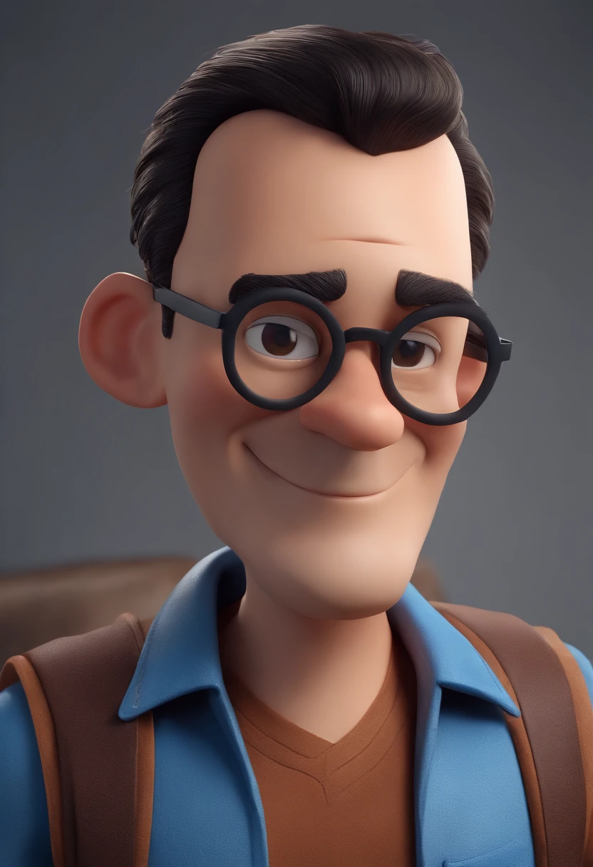 Cartoon character of a man with black glasses, cabelo cacheado marrom escuro e uma camisa azul, animation character, Caractere estilizado, animation style rendering, 3D estilizado, Arnold Maya render, 3 d render stylized, toon render keyshot, Personagem 3D, Personagem 3D, 3d rendering stylized, 3 d character render, personagem de desenho animado, Personagem de close up, Pose de personagem, (Estilo Pixar) (master part:1.2) (Bokeh) (best quality) (pele detalhada) (textura detalhada) (8k) (argila) (Cinematic lighting) (foco nítido