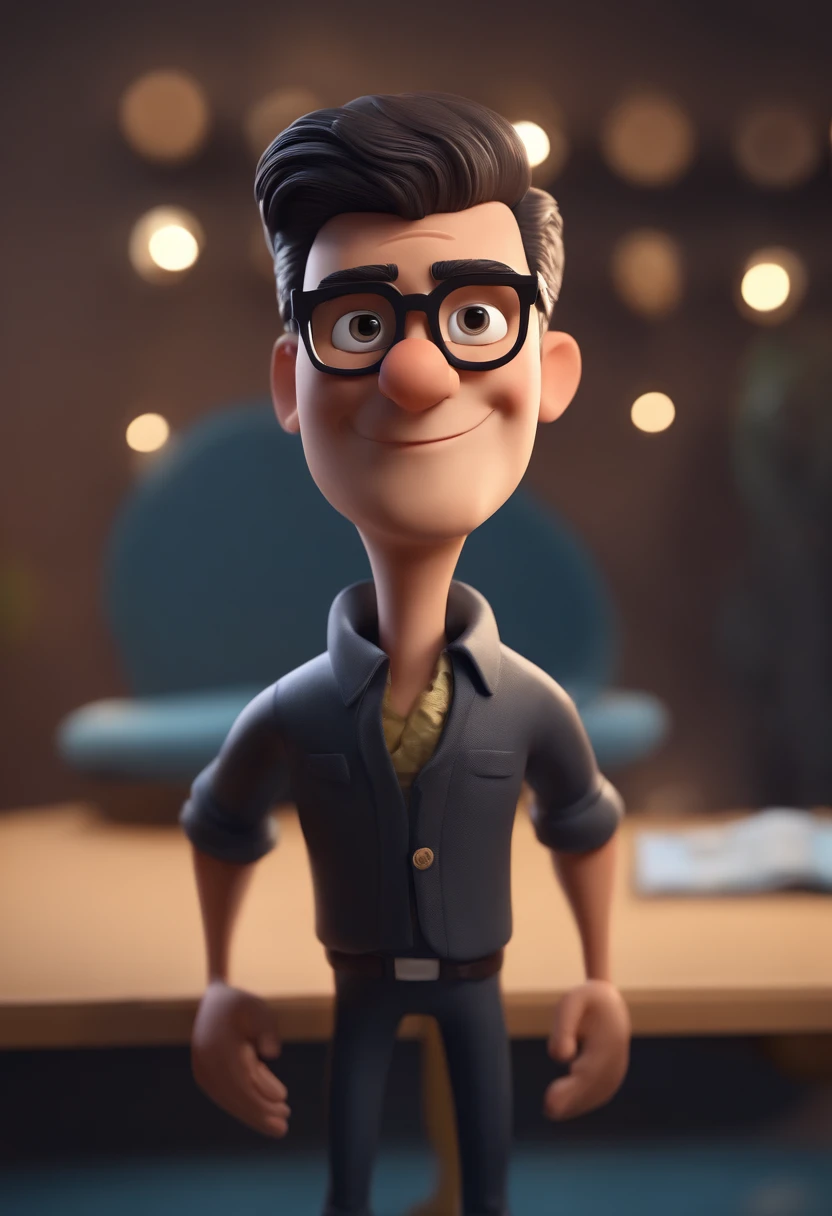 Cartoon character of a man with dark blue glasses and a black shirt, calvo e com uma barba grisalha, animation character, Caractere estilizado, animation style rendering, 3D estilizado, Arnold Maya render, 3 d render stylized, toon render keyshot, Personagem 3D, Personagem 3D, 3d rendering stylized, 3 d character render, personagem de desenho animado, Personagem de close up, Pose de personagem, (Estilo Pixar) (master part:1.2) (Bokeh) (best quality) (pele detalhada) (textura detalhada) (8k) (argila) (Cinematic lighting) (foco nítido