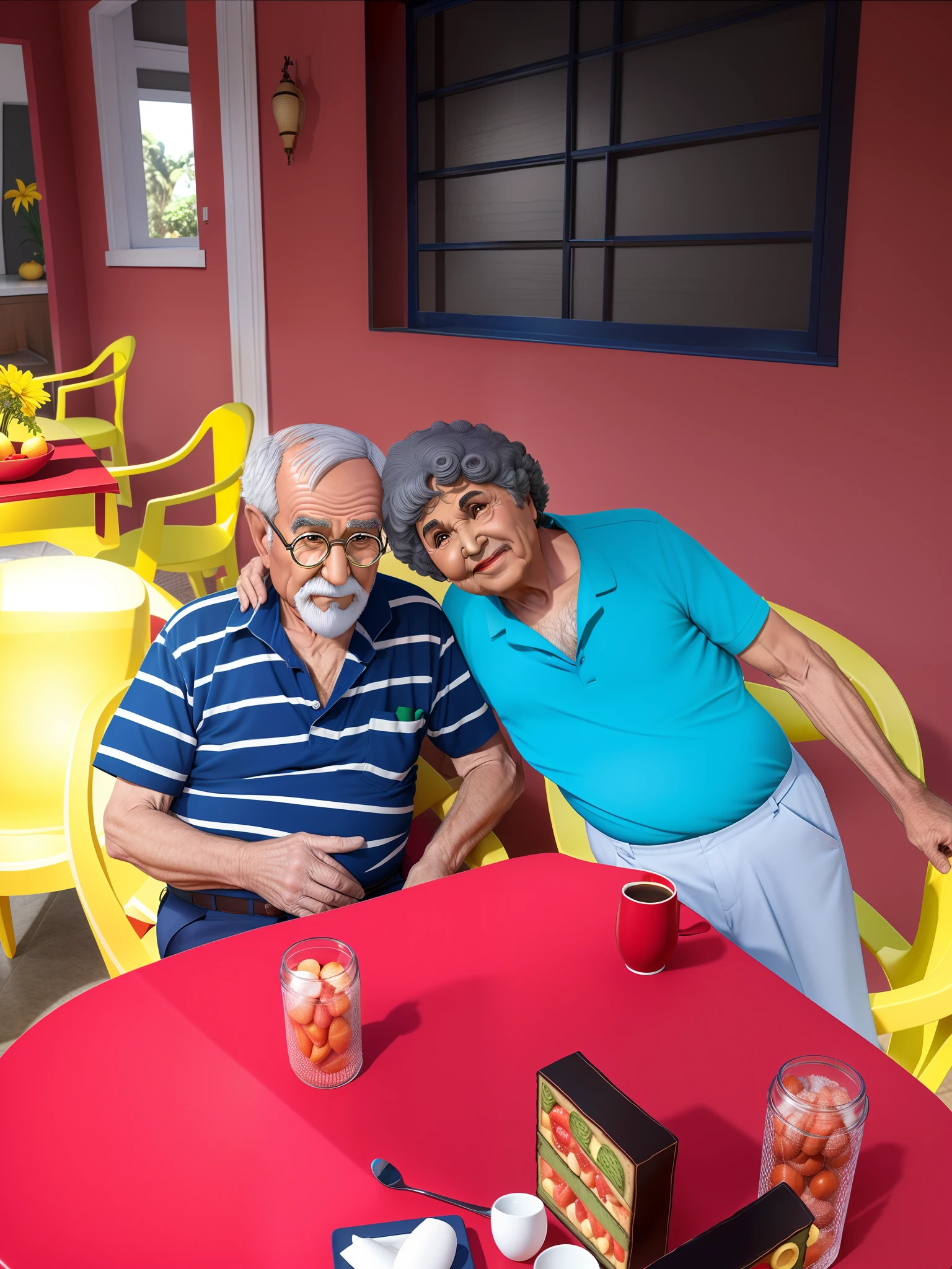 there is an old man and an old woman , um casa de homem e mulher sentados em uma mesa com uma lata de refrigerante estilo Pixar