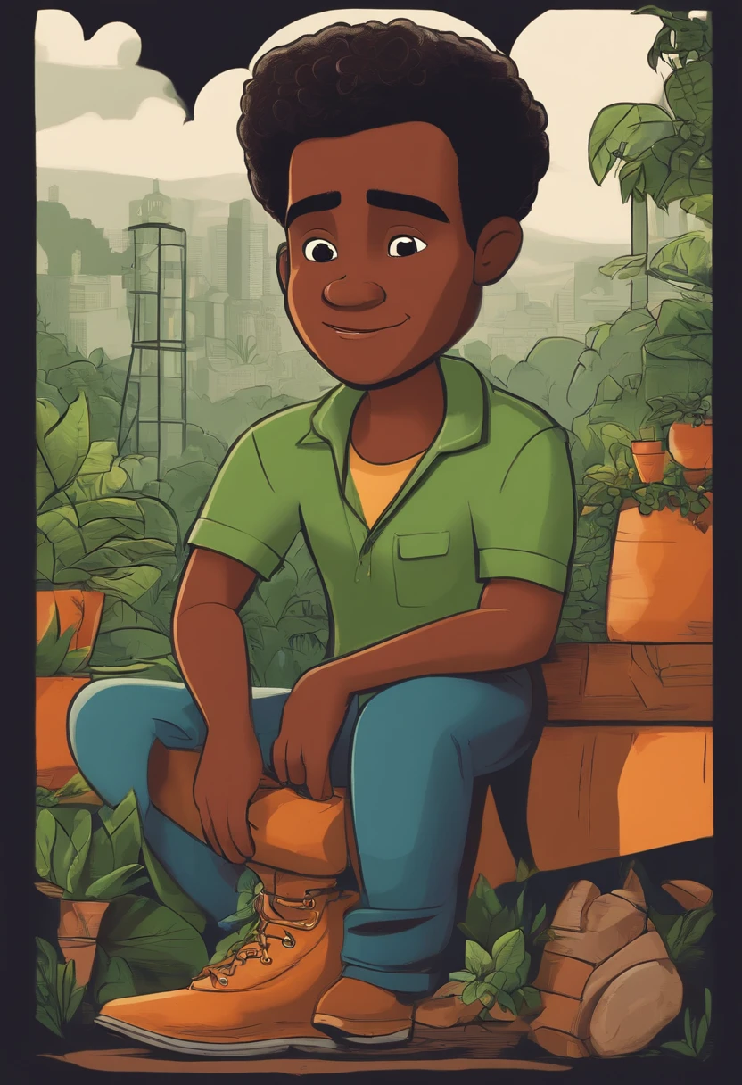 Imagina uma imagem no estilo capa de filme da pixar um brasileiro de 35 anos, de pele morena clara, com barba negra e longa, usando uma camisa verde escura, A pair of black pants and a safety boot inside an industry