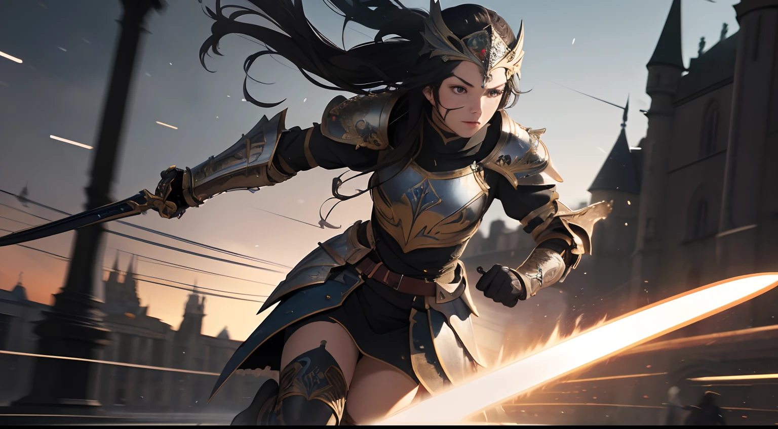 (masterpiece, 4K ,Super detailed:1.2), (anime:1), (Perfect quality), The whole body is shown, View Viewer, Holding a sword, ponytail, Cold expression, Muscular and ultra violent women, Powerfully々And, epic female swordsman, RPG concept art character, Armor dress