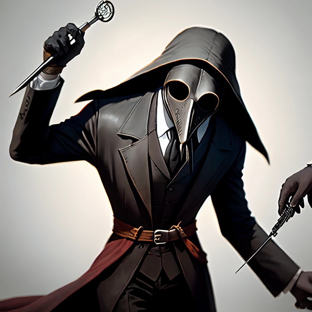 Plague doctor with six arms doing surgery on someone