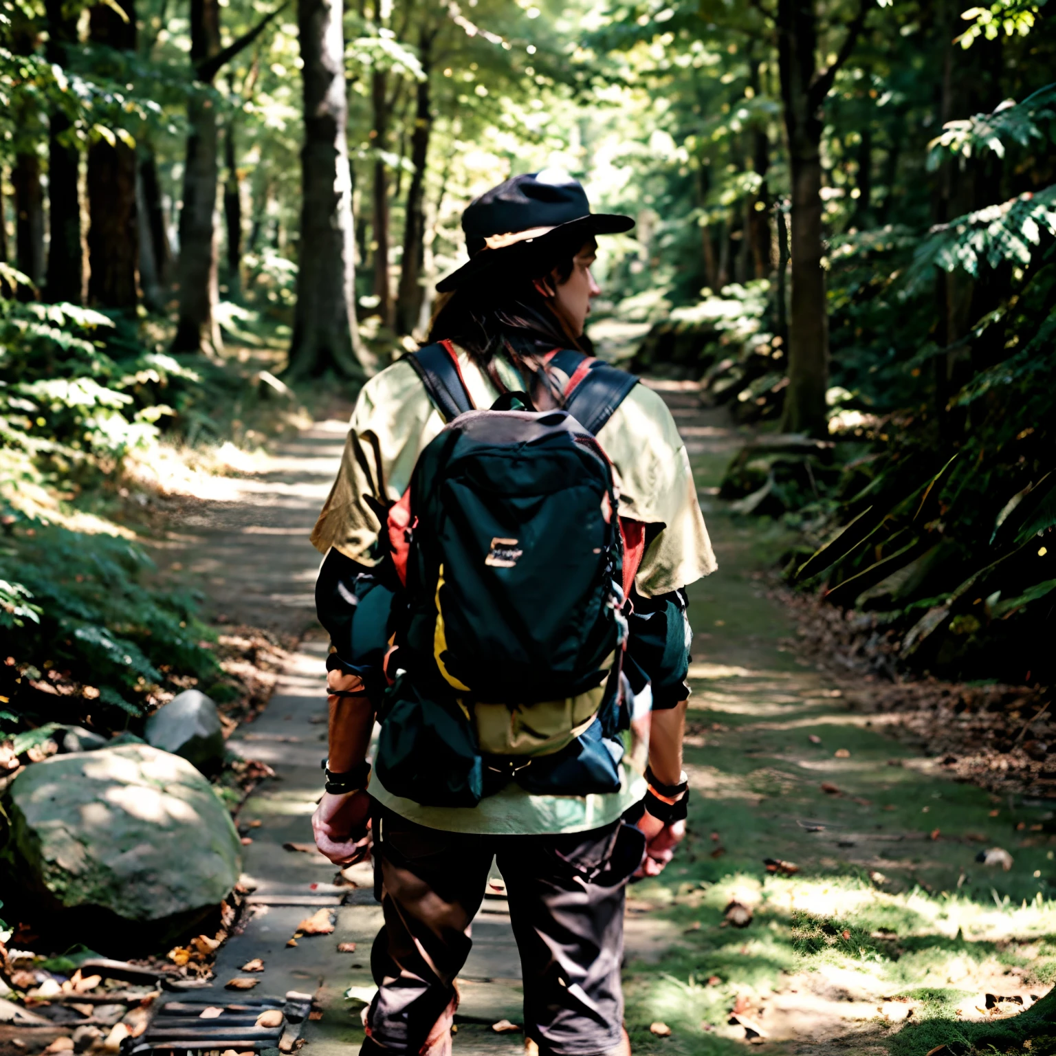 Brunette man hat spurring the forest with backpack on his back, cuff on his arms, brown shirt boot, looking at a stone in his hand, savannah,