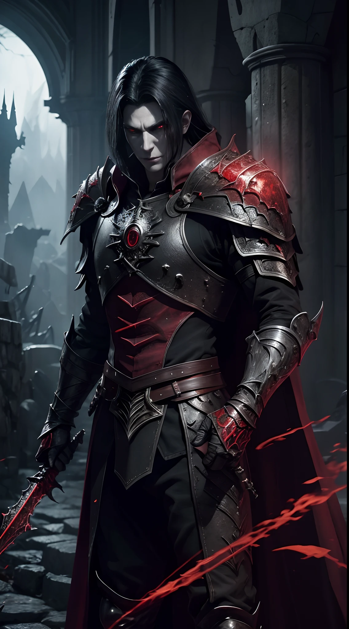 1 man, red glowing eyes, black hair, pale skin, black gold armor,,,vampire king,, fantasy dark souls world, fighting with, vampire Hunter