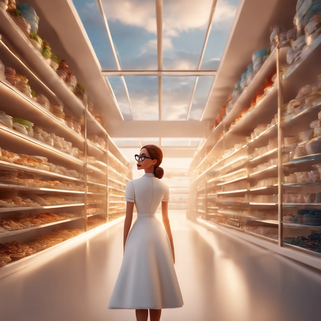 arte no estilo de senho animado 3D, Disney Pixar style eyewear store background, Glasses on all sides, Flying Glasses, fundo claro branco, Woman in glasses and white dress shirt, desenho igual Disney Pixar, 3D rendering design