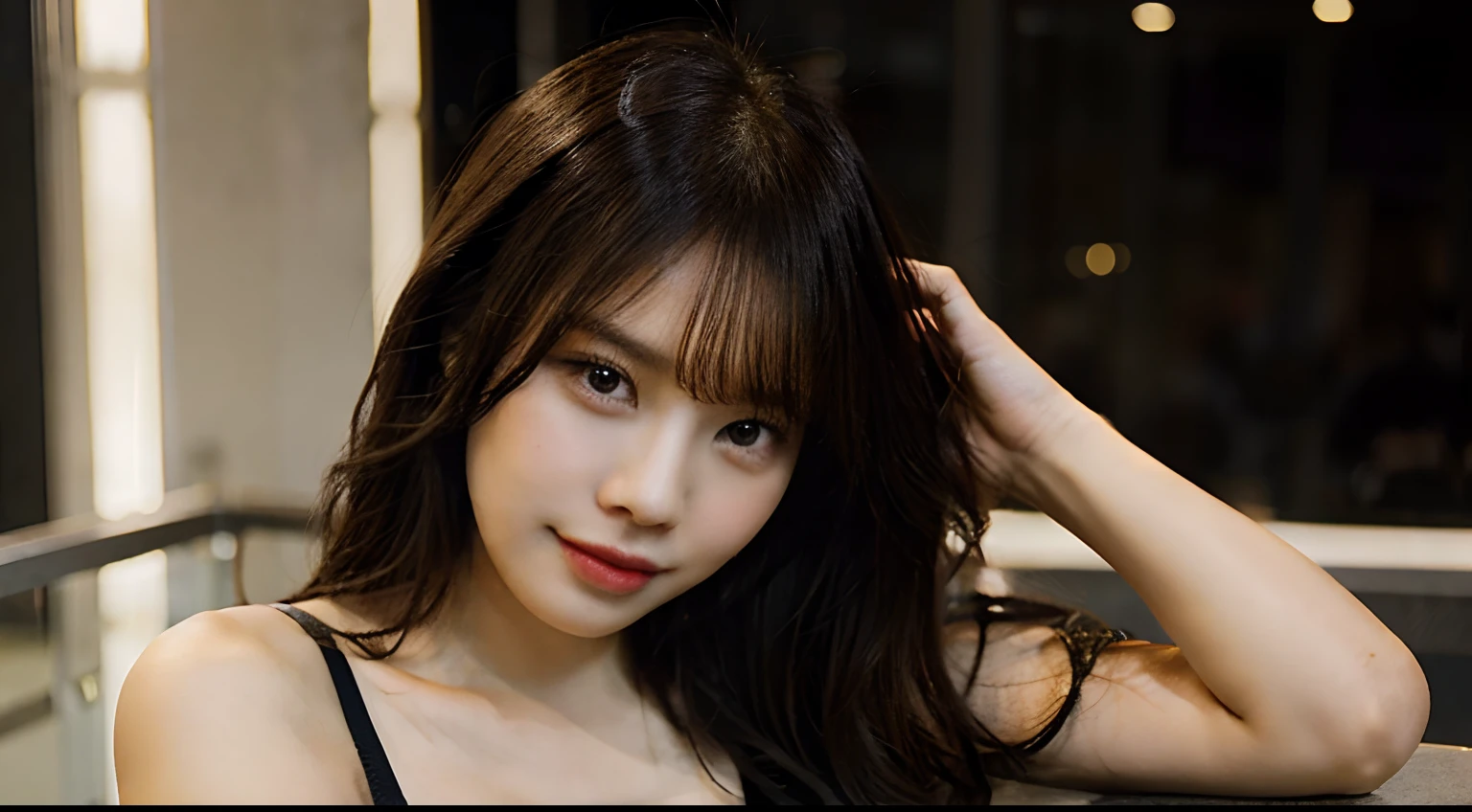 ((Night in the City、Highest quality、masterpiece、High resolution))、(((Zoom photo of upper body、Wet body、Wet Hair)))、(A shy smile:1.2)、1 woman, aged 20、Beautiful Skin、Beautiful Eyes、Large Breasts、Cat Ear Headband、Black Dress、Black Hair、Wavy Hair、Shorn bangs