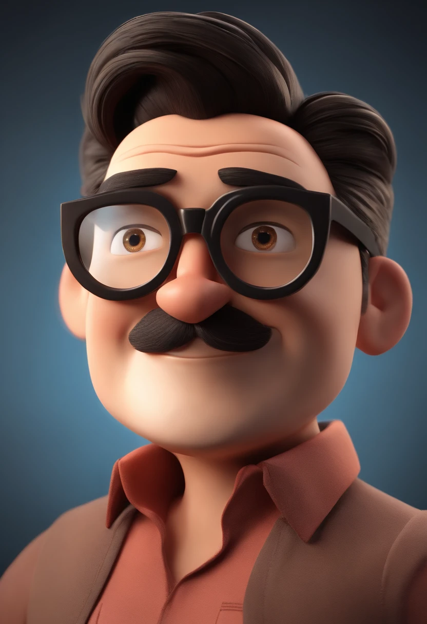 Cartoon character of a man wearing black glasses and a blue shirt, um personagem animado, Caractere estilizado, animation style rendering, 3D estilizado, Arnold Maya render, 3 d render stylized, toon render keyshot, Personagem 3D, Personagem 3D, 3d rendering stylized, 3 d character render, personagem de desenho animado, Personagem de close up, Pose de personagem, (Estilo Pixar) (master part:1.2) (Bokeh) (best quality) (pele detalhada) (textura detalhada) (8k) (argila) (Cinematic lighting) (foco nítido,Senta e vaza a parte superior do corpo