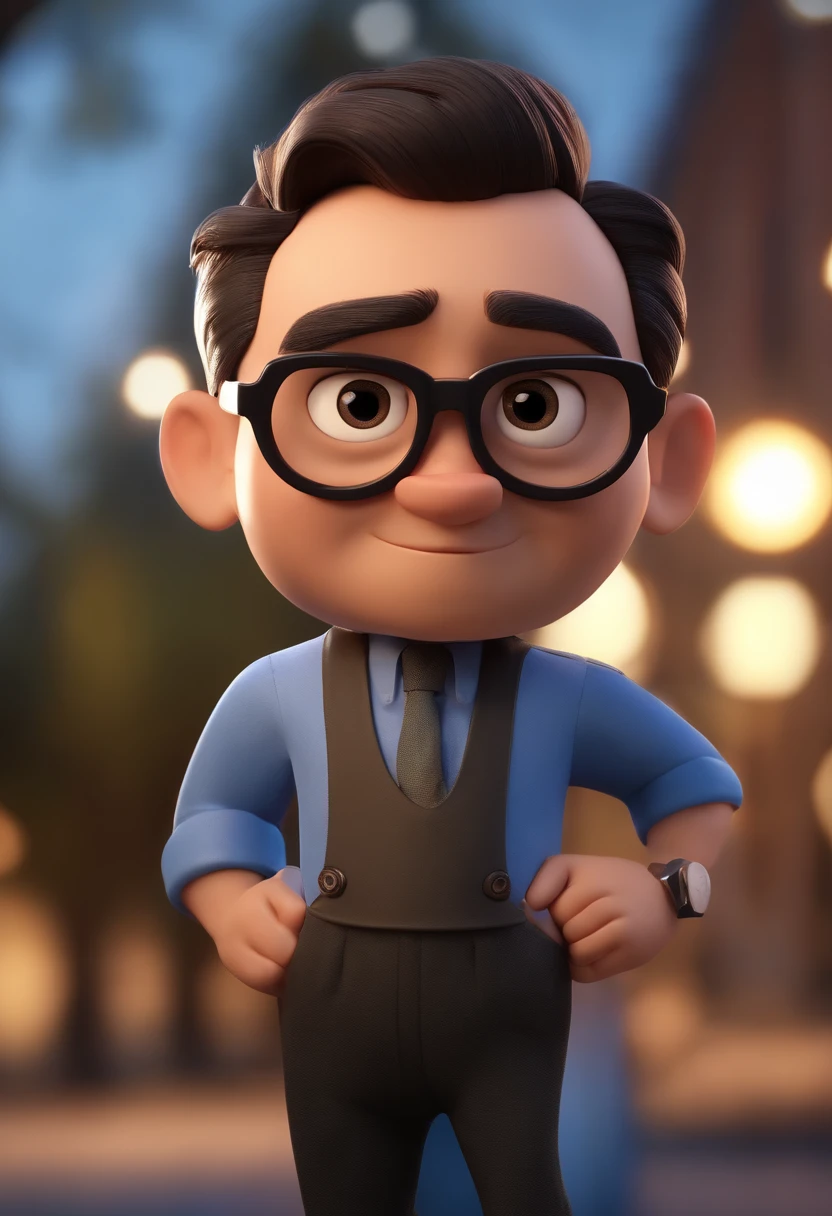 Cartoon character of a man wearing black glasses and a blue shirt, um personagem animado, Caractere estilizado, animation style rendering, 3D estilizado, Arnold Maya render, 3 d render stylized, toon render keyshot, Personagem 3D, Personagem 3D, 3d rendering stylized, 3 d character render, personagem de desenho animado, Personagem de close up, Pose de personagem, (Estilo Pixar) (master part:1.2) (Bokeh) (best quality) (pele detalhada) (textura detalhada) (8k) (argila) (Cinematic lighting) (foco nítido,Senta e vaza a parte superior do corpo