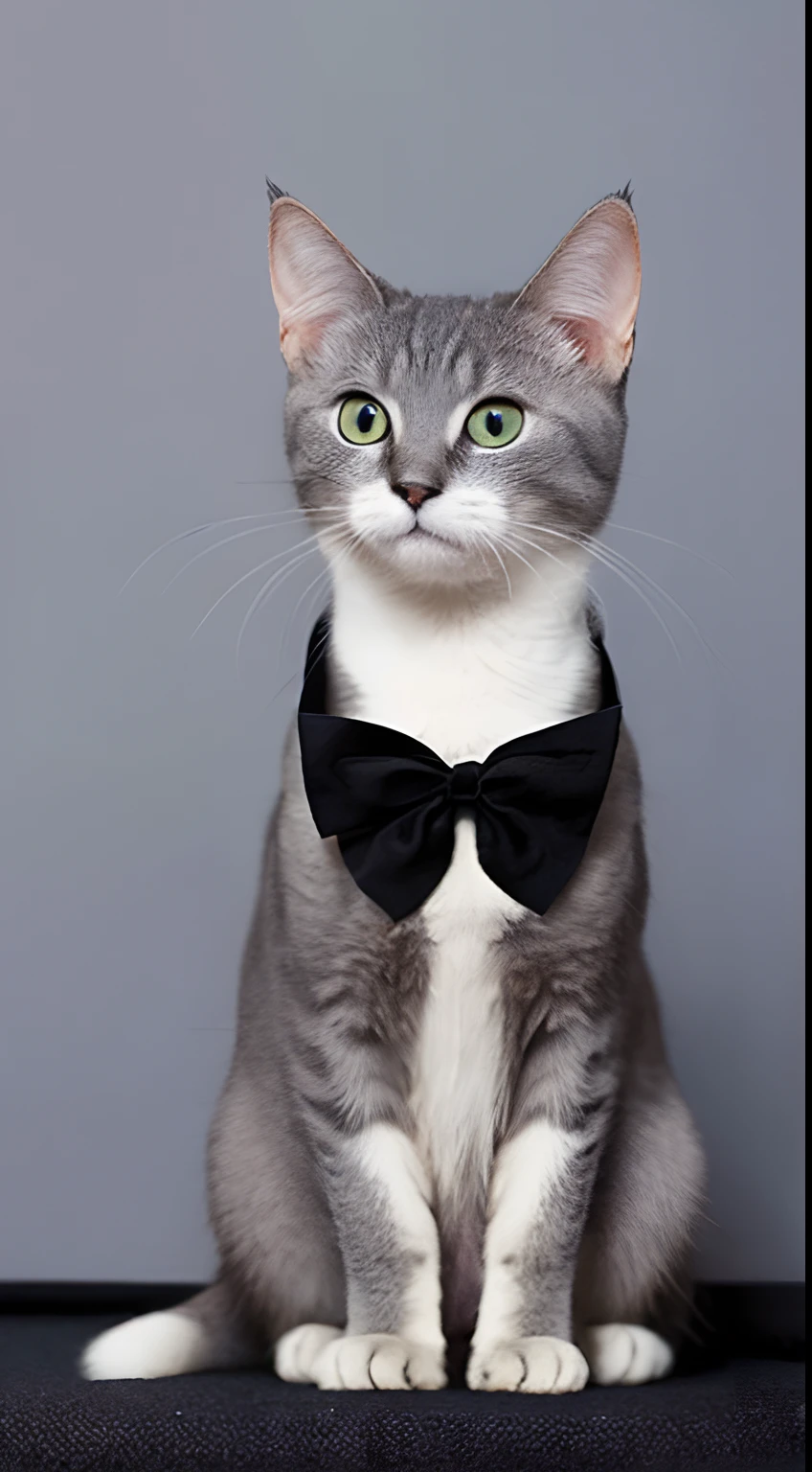 Gray mysterious cat、odd eye、hali々and has、Dignified look、with round face、rounded body shape、Black bow tie、sitting on、Sitting facing the front、Looking at the camera、The background is a simple black wall、The ground is black floor、detailed photo、The whole body is shown、Mysterious face、Staring at me