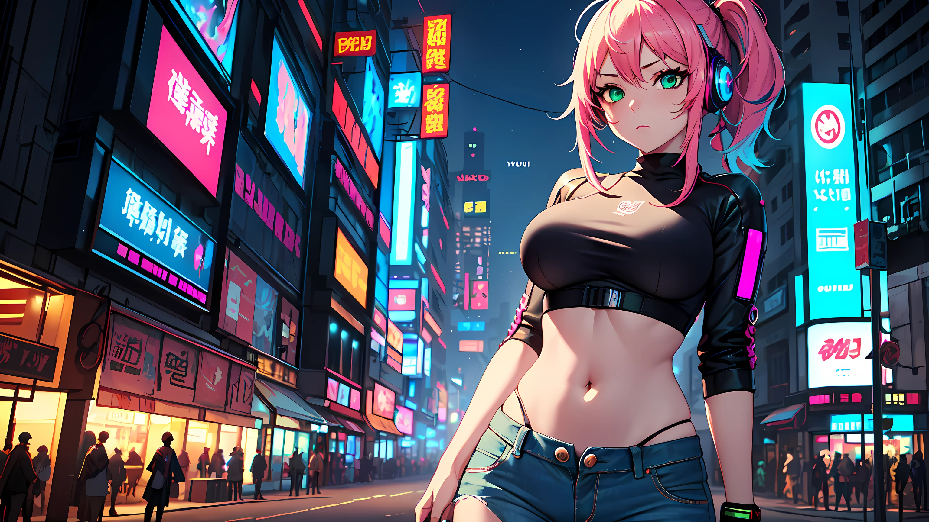 hd masterpiece, anime girl, 1girl ((20year old, dressed a tight crop top, exposed navel, tight blue jeans, sneakers, medium breasts, multicolor pink hair, twin ponytails, perfect model body:1.3, detailed green eyes:1.5, standing in a cyberpunk city street looking at her phone:1.5, wearing headphones)), inspired by Yuumei, dreamy cyberpunk girl, anime cyberpunk art, girl in space, digital cyberpunk - anime art, cyberpunk anime girl, by Yuumei, digital cyberpunk anime art, cyberpunk, cyberpunk anime art, cyberpunk vibe, cyberpunk art style ((solo:1.6))