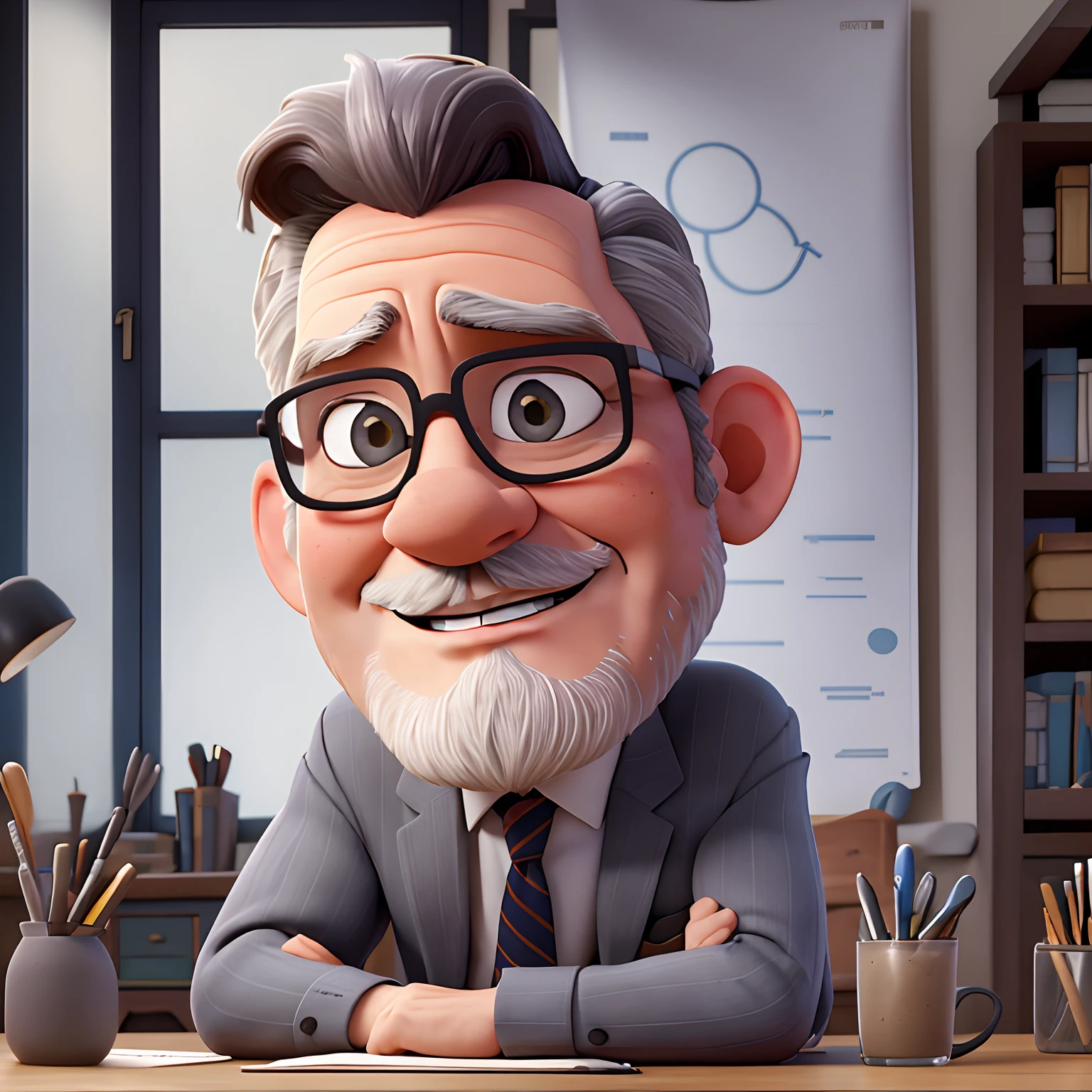 vieillard, inspiré de Disney Pixar, inspiré du pasteur ( Rubens janvier ) un homme au cheveux gris portant des lunettes dans un bureau avec un livre sur la table regardant vers l'avenir serieux, old man, cheveux gris, a suit