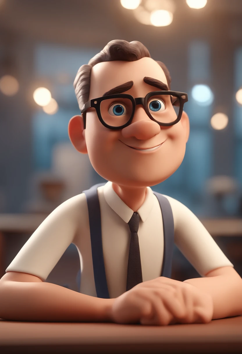 Cartoon character of a man with black glasses and a blue shirt, animation character, Caractere estilizado, animation style rendering, 3D estilizado, Arnold Maya render, 3 d render stylized, toon render keyshot, Personagem 3D, Personagem 3D, 3d rendering stylized, 3 d character render, personagem de desenho animado, Personagem de close up, Pose de personagem, (Estilo Pixar) (master part:1.2) (Bokeh) (best quality) (pele detalhada) (textura detalhada) (8k) (argila) (Cinematic lighting) (foco nítido