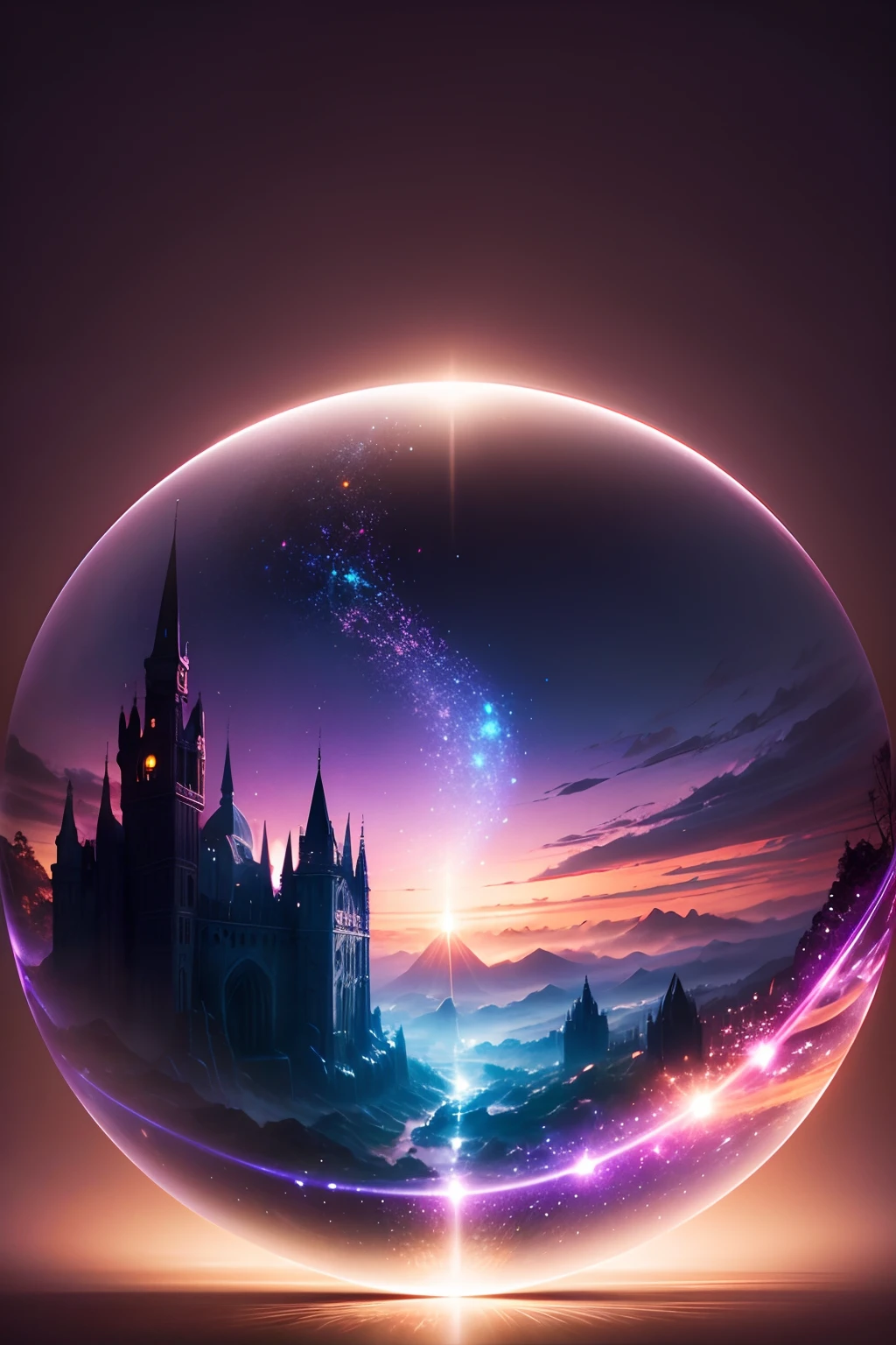 Beautiful fantasy landscape inside a sparkling crystal ball, mystical magical fantasy enchanted ethereal, cinematic shot, cinematic scene, stunning, breathtaking, a sense of magic in the air, magical fantasy, diffused lighting