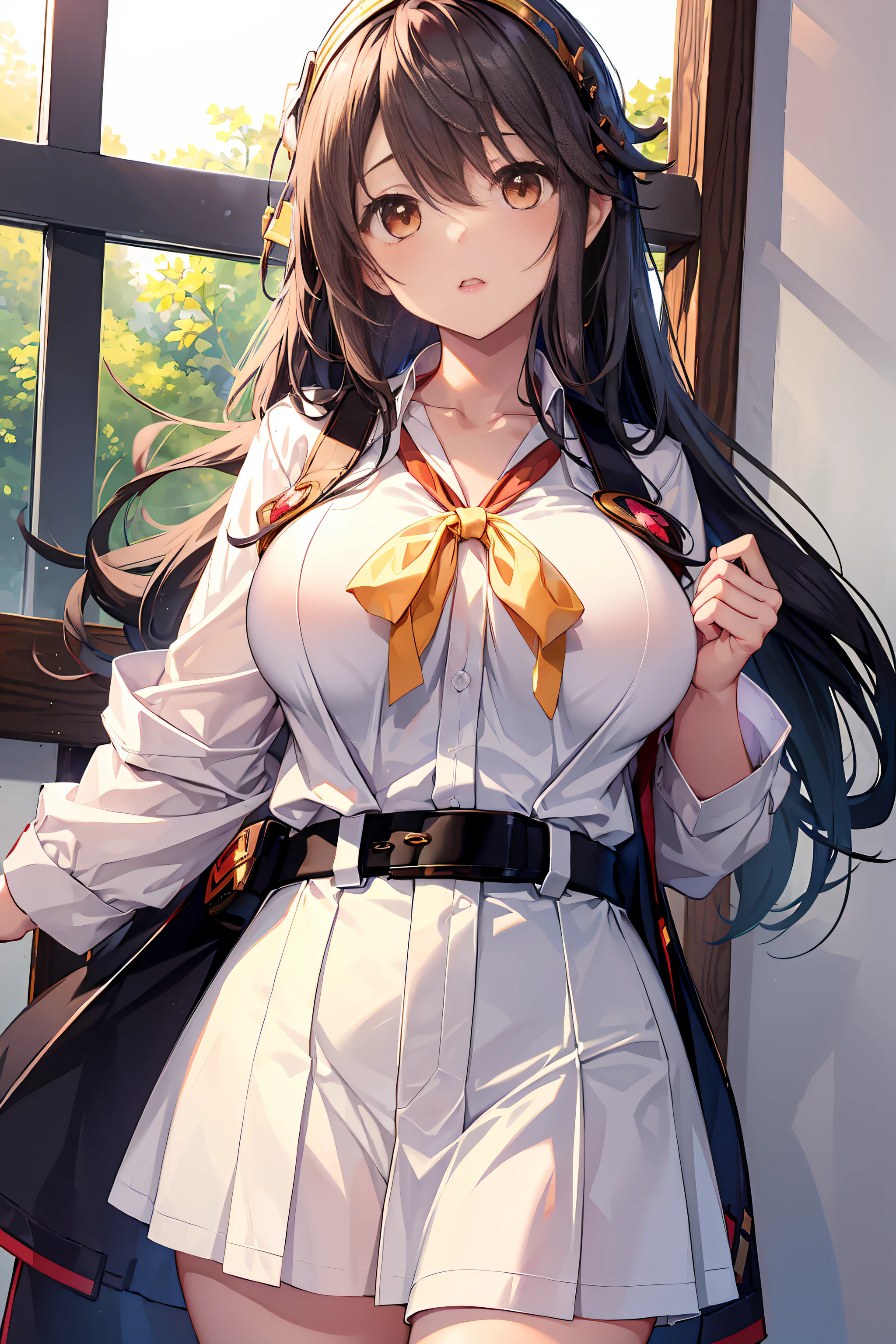 female high-school student、White button-up long shirt high school girl with huge breasts、hight resolution, (((yunyun))) , (Beautiful face), Looking at Viewer, animesque，Very big big breasts