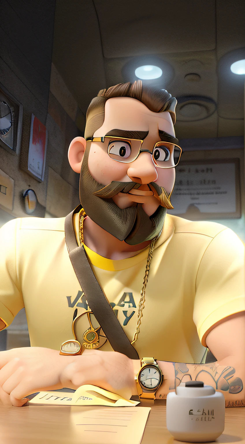 A bearded man with a chain around his neck and yellow shirt and a watch on his golden wrist and forearm a compass tattoo looking ahead